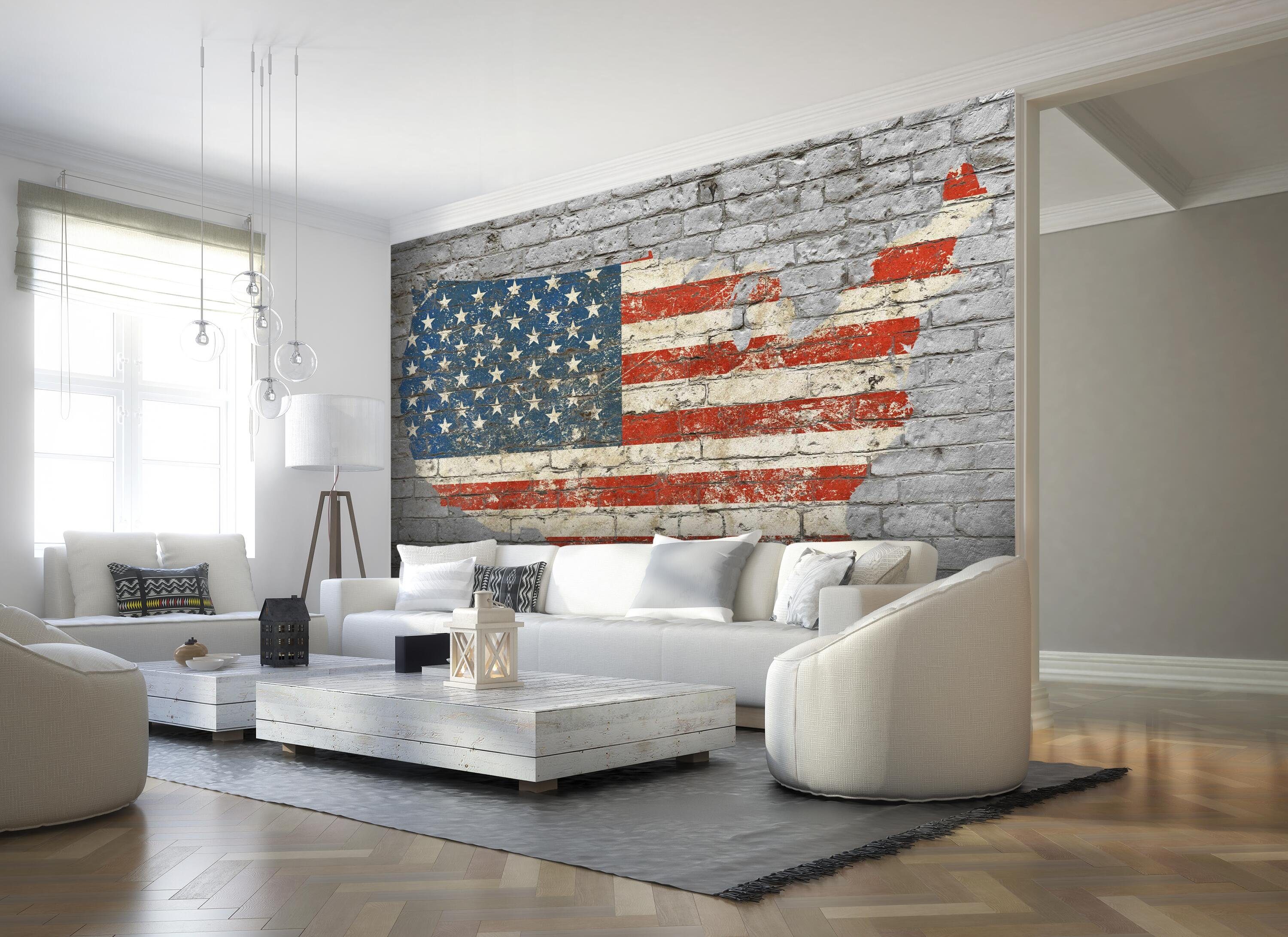 Wandtapete, glatt, Motivtapete, Flagge Landform, matt, Vliestapete wandmotiv24 Amerika Ziegelwand Fototapete