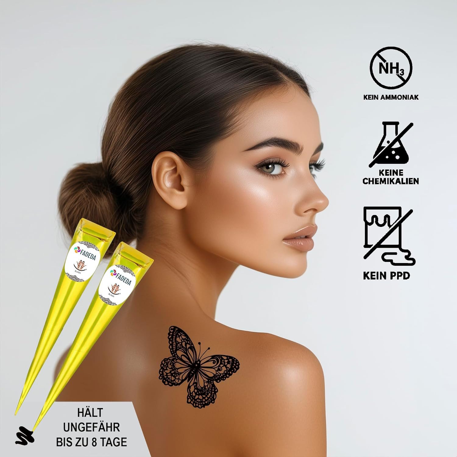 FADEDA Schmuck-Tattoo 12x Henna Kegel je 25g natürliche Paste, 100 % pflanzlich, ohne PPD, 12 Henna Kegel je 25 Gramm, 100 % NATÜRLICHE HENNA-PASTE – Rein pflanzlich, 100% Bio - VEGAN