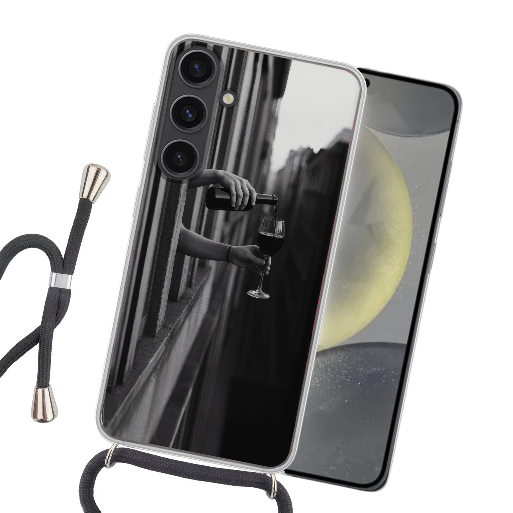 MuchoWow Handyhülle für Samsung Galaxy S24 Plus Weinflasche - Glas - Hände - Fenster, Tragbare Handyhüllen mit Kette zum umhängen, Handykette Handyband