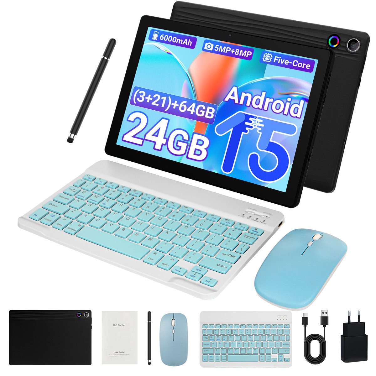 BUFO 10 Zoll HD, 3 GB RAM, 64 GB Erweiterbar auf 1 TB, Android Tablet (10", 64 GB, Android 16, 2,4G/5G WiFi, Dual-Kamera, HD 1280x800, mit Tastatur, Maus und Stift)