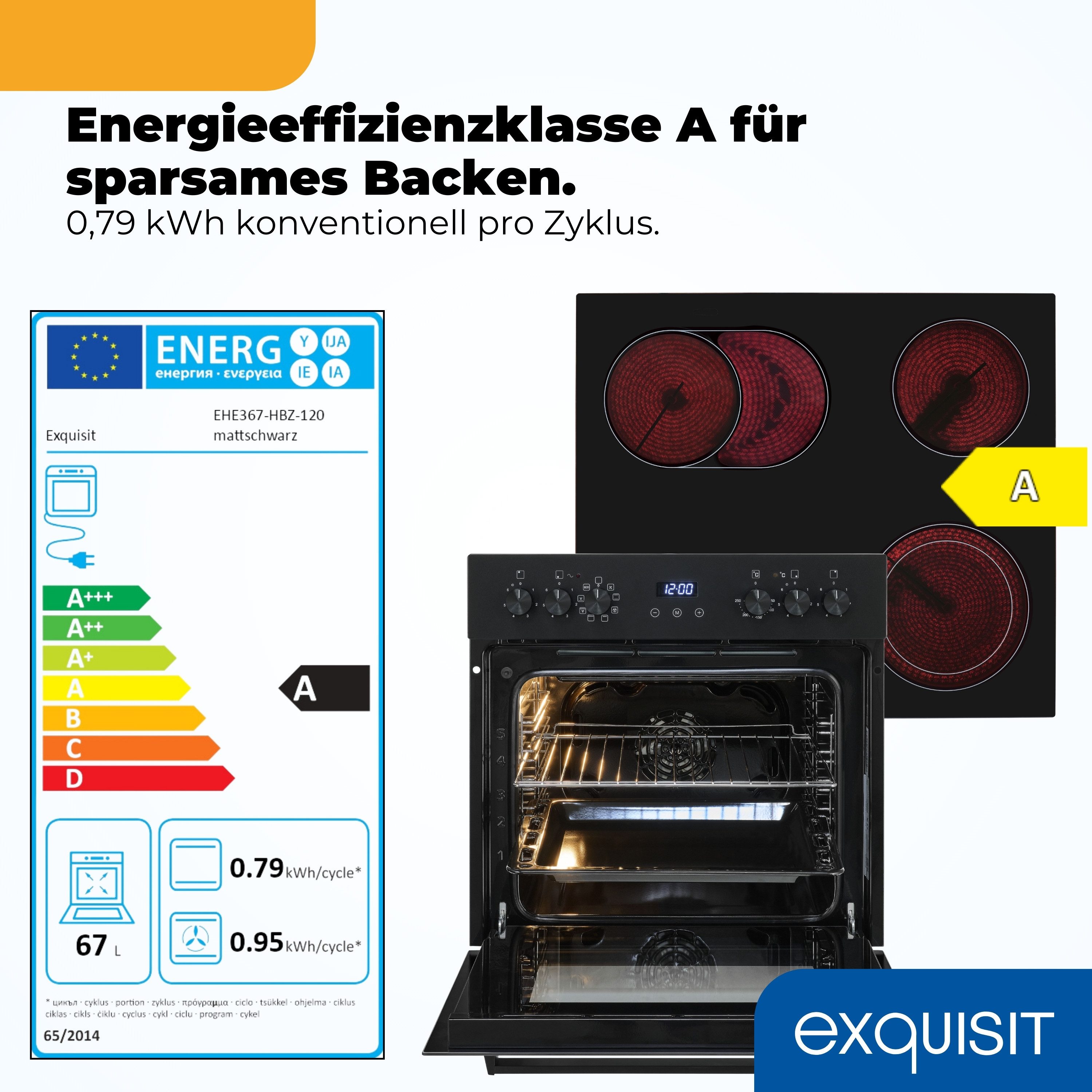 exquisit Backofen-Set EHE367-HBZ-120 Set mattschwarz, Vielseitiger Grill und 4-Zonen-Glaskeramikkochfeld – einfach & sicher!