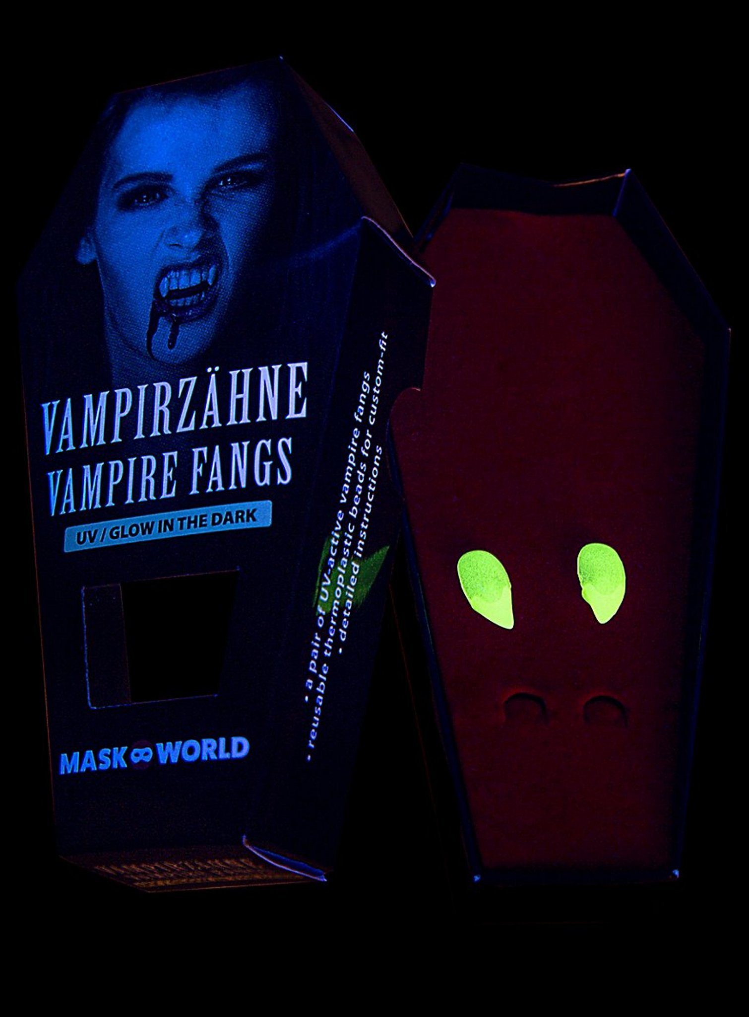 Maskworld Motivlinsen Vampir-Set Glow Halloween Kontaktlinsen Blut Zähne, Strahlend weiße Augen, leuchtende Zähne und ... Blut!