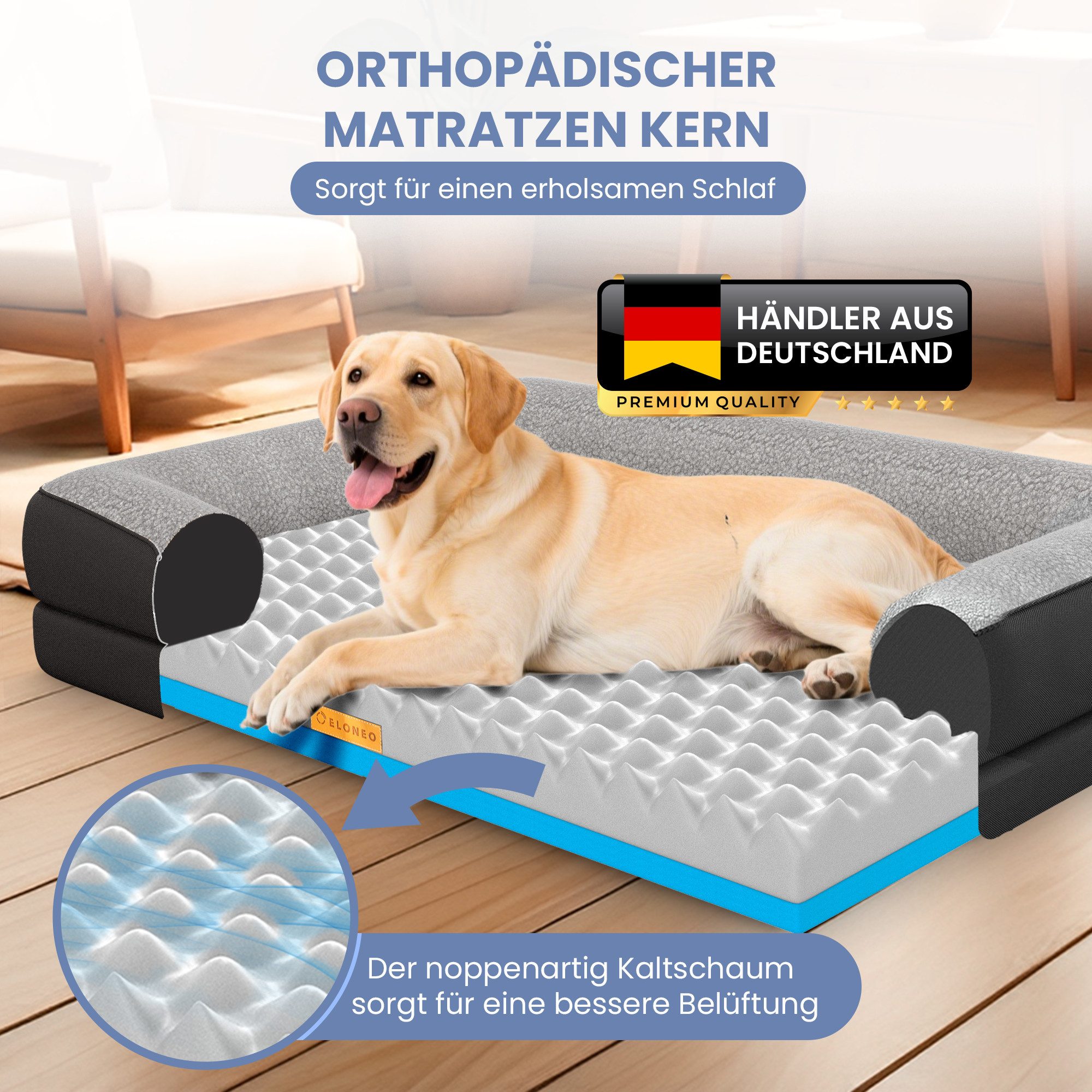 ELONEO Hundebett ELONEO - Orthopädisches Premium Hundebett, gelenkschonend, waschbar, Aus kuscheligem Sherpa-Fleece und strapazierfähigem Sofastoff
