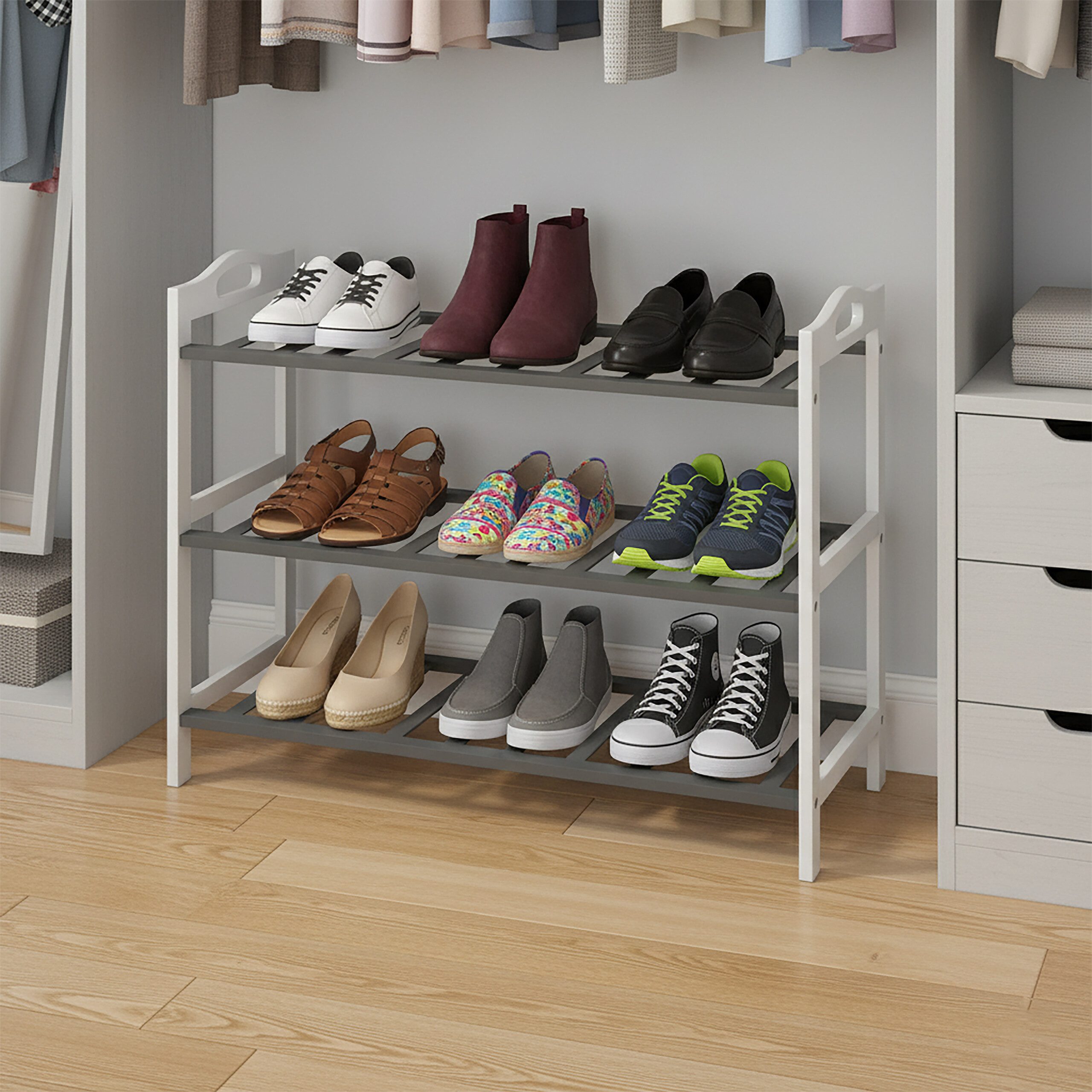 relaxdays Schuhregal aus Bambus, Weiss-braun