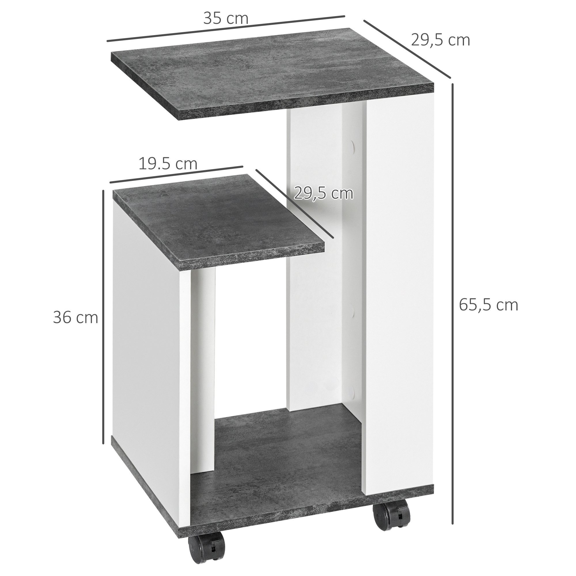 HOMCOM Nachttisch Beistelltisch mit Rollen Couchtisch modern Design mit 3 Regalen (Sofatisch, 1-St., Kaffeetisch), für Schlafzimmer Wohnzimmer Grau Weiß 35 x 29 – Bild 3 von 5
