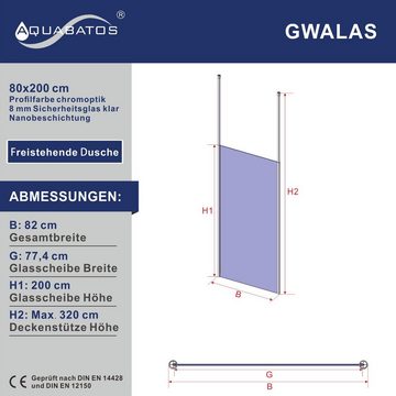 AQUABATOS Walk-in-Dusche Duschwand für Dusche Duschtrennwand Glas Walk in Duschabtrennung, 8 mm starkes Einscheibensicherheitsglas mit Deckenstütze Nano-Beschichtung, erhältlich in 5 verschiedenen Breiten Höhe 200 cm Chromoptik