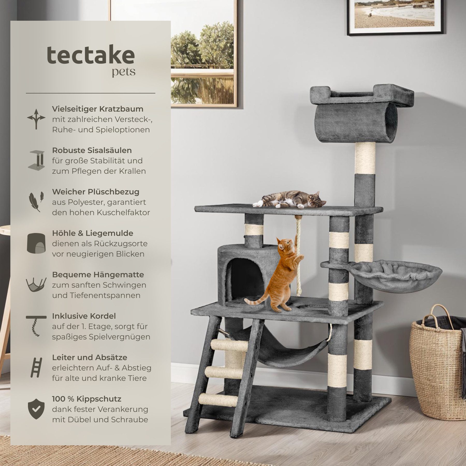 tectake Kratzbaum Katzenbaum Stokeley 141 cm Diverse Farben, Vielseitig mit robusten Sisalstangen und Plüschoberfläche