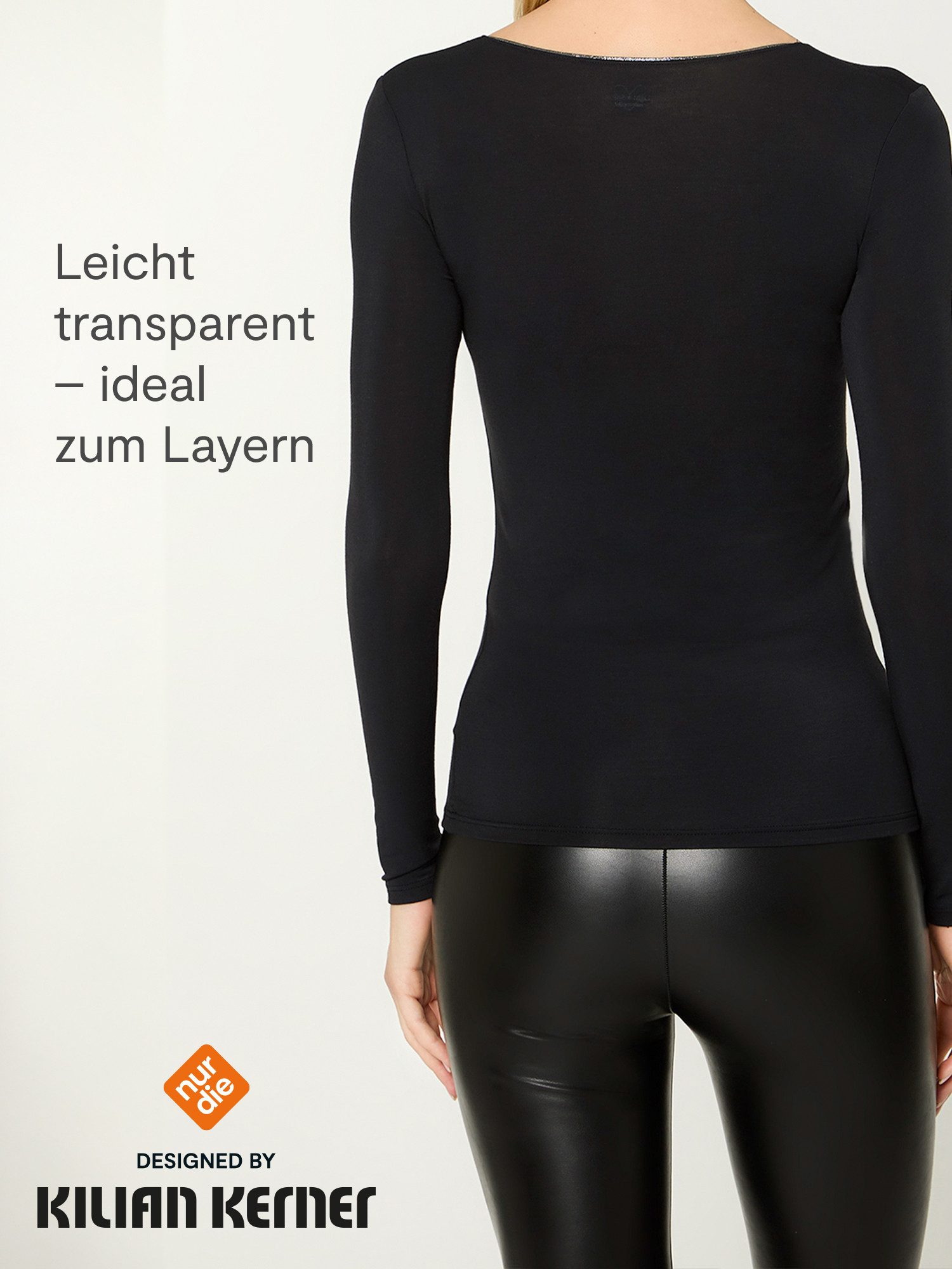 Nur Die Longsleeve NUR DIE X KILIAN KERNER Damen Langarmshirt Micromodal Glitzerabschluss weiche, atmungsaktive Fasern - Glitzer-Effekt am Ausschnitt