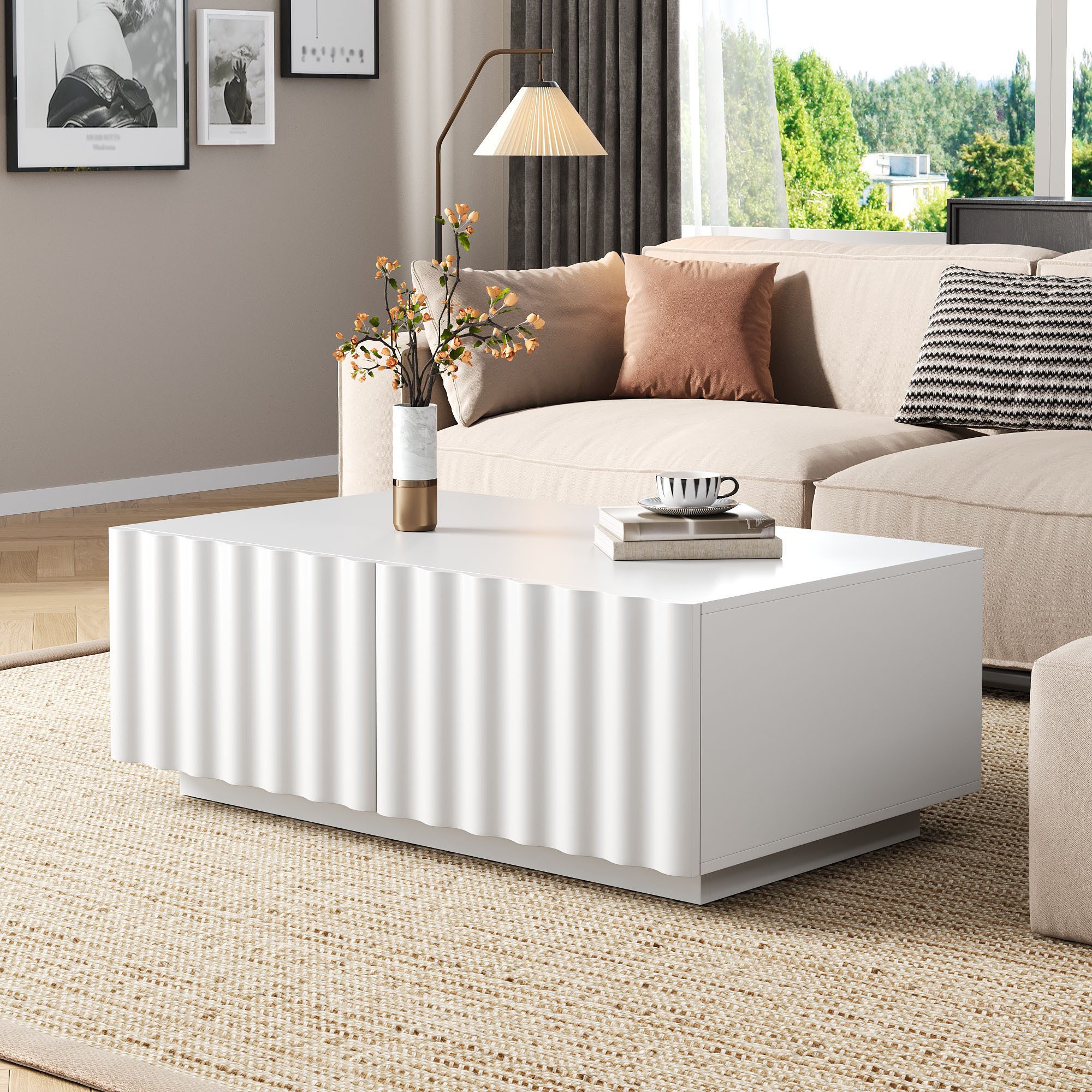 Merax Couchtisch mit Wellenmuster und 2 Schubladen (1-St), Wohnzimmertisch mit Stauraum, 100x50x40 cm