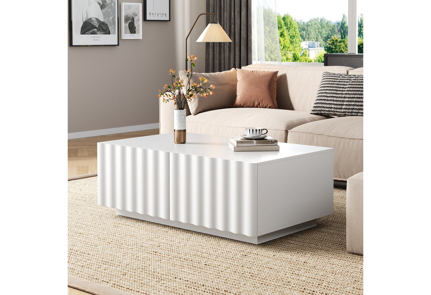 Merax Couchtisch mit Wellenmuster und 2 Schubladen (1-St), Wohnzimmertisch mit Stauraum, 100x50x40 cm