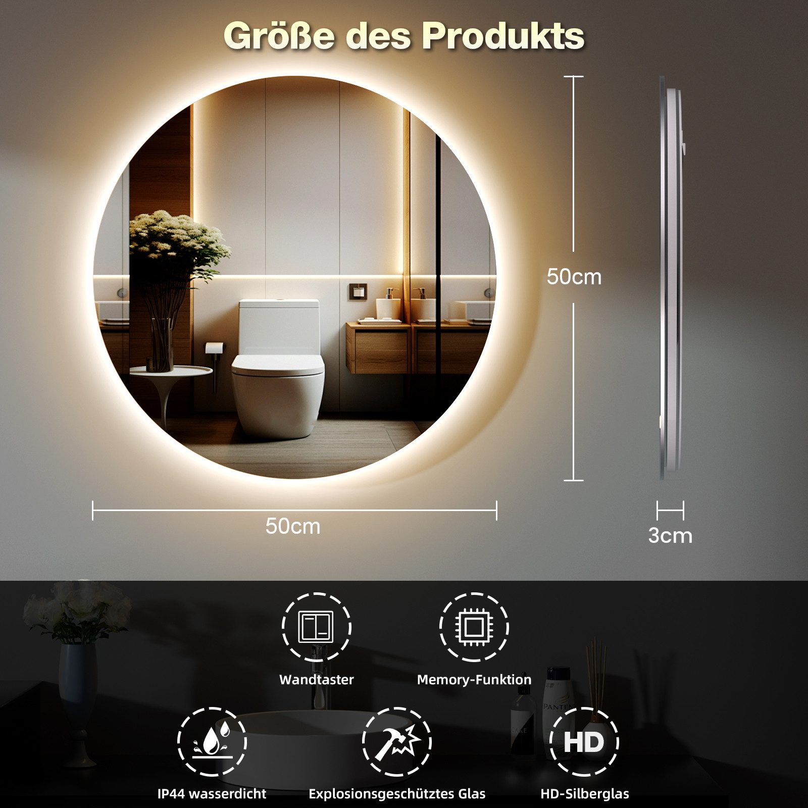 GIMBELEN Badspiegel LED-Badezimmer-Spiegel, 50 cm Rund günstig online kaufen