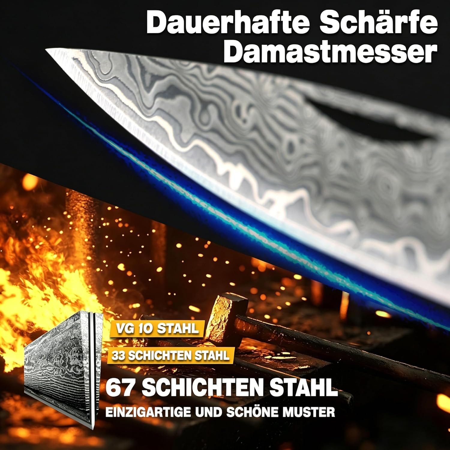 KingLux Taschenmesser Damastmesser Klappmesser Ebenholzgriff und Lederscheide Taschenmesser, (1 St)