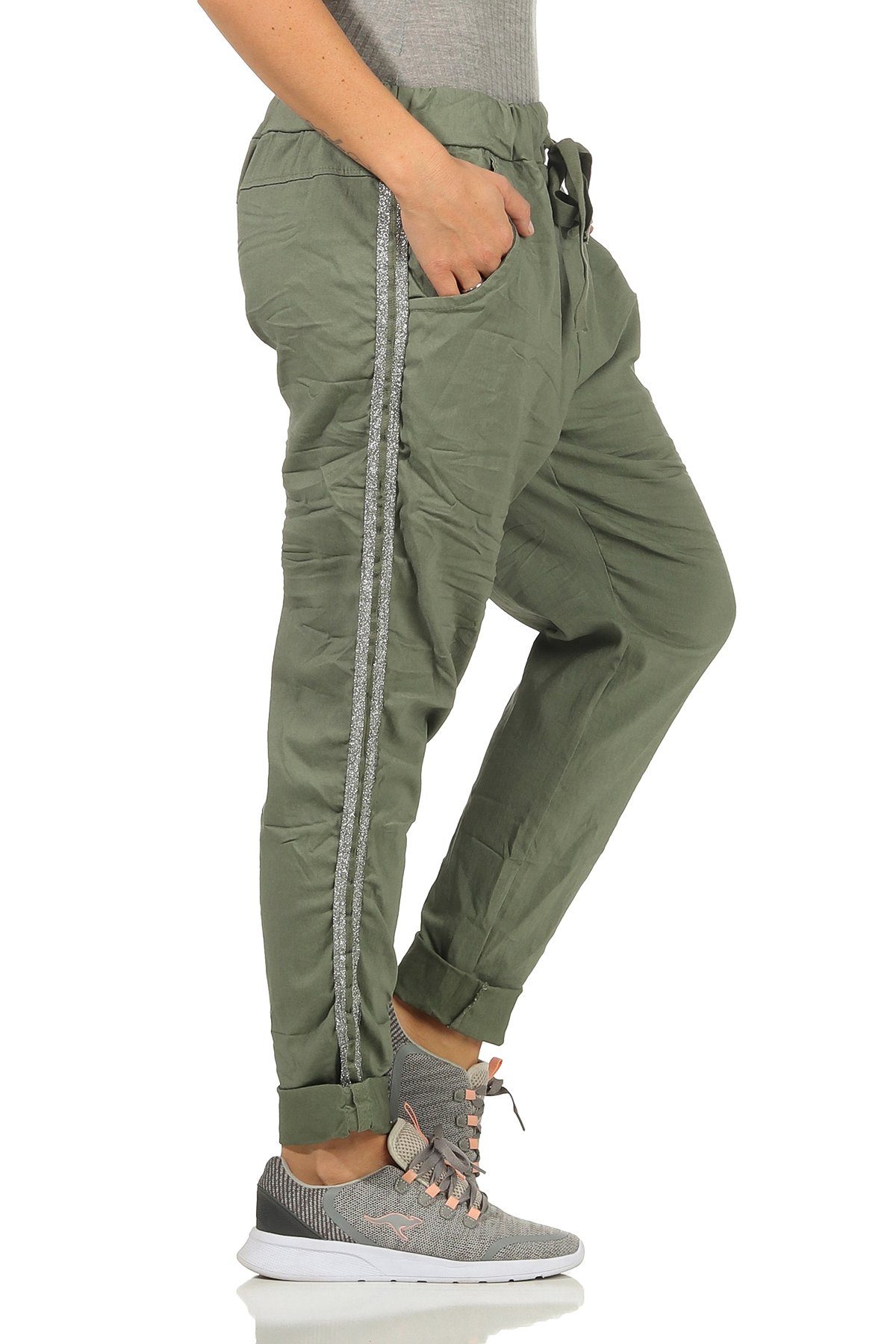 Mississhop Jogginghose Damen Hose Baumwollhose mit Seitlichen Silberstreifen M.348 Oliv | Jogginghosen