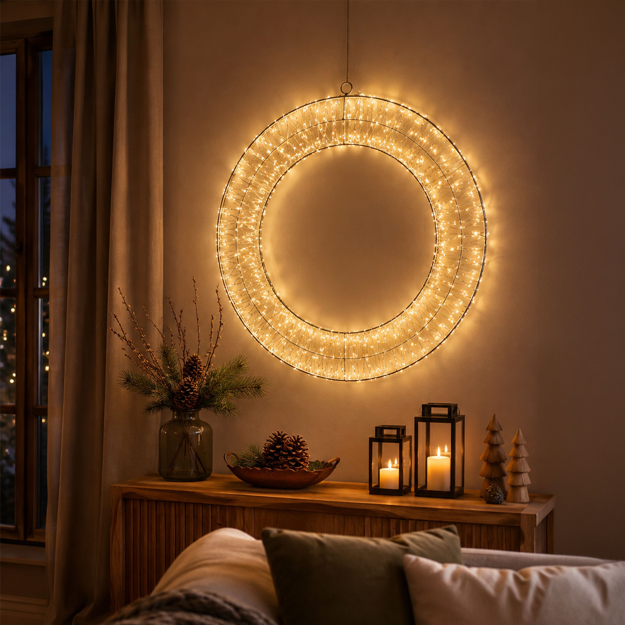 OTTO home LED Dekolicht LED Dekokranz GENNIA, Ein-/Ausschalter, LED fest integriert, Warmweiß, IP44, Metall, starke LED-Dichte, 3 m …