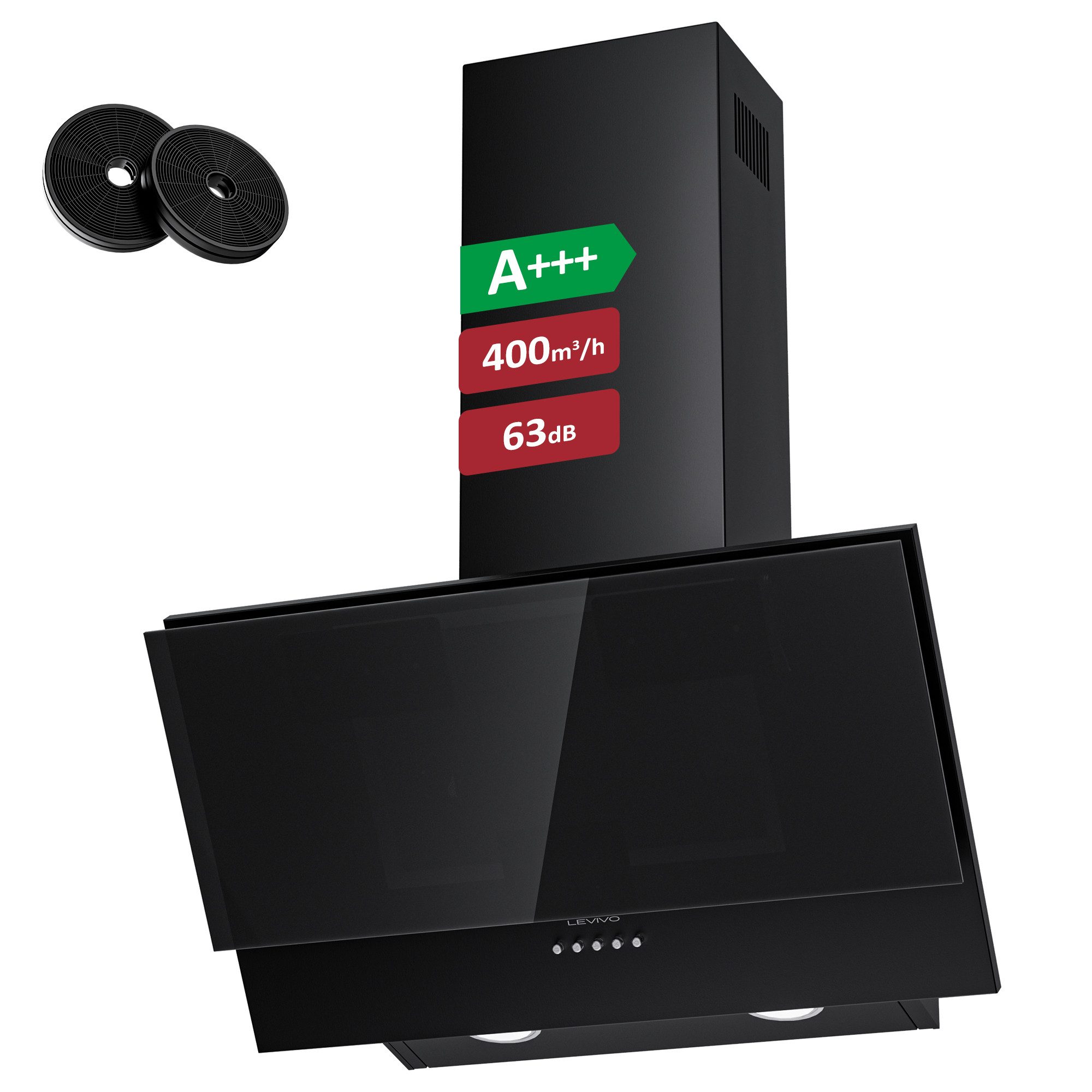 Levivo Kopffreihaube A+++ Dunstabzugshaube 60cm Umluft & Abluft mit 400 m³/h Luftleistung A+++ Dunstabzugshaube 60cm Umluft & Abluft mit 400 m³/h Luftleistung, Aktivkohlefiltern, Fettfiltern, LED-Beleuchtung