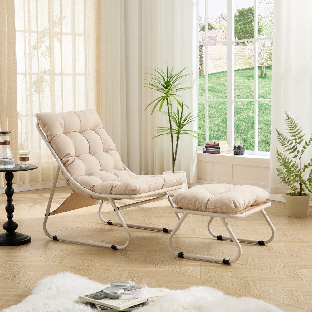 CHICFURN Loungesessel Outdoor-Sessel mit Hocker und weichem Sitzkissen (Packung, 2-St., Ideal für Wohnzimmer, Schlafzimmer oder Lesezimmer), Gestell & Kissen in Beige
