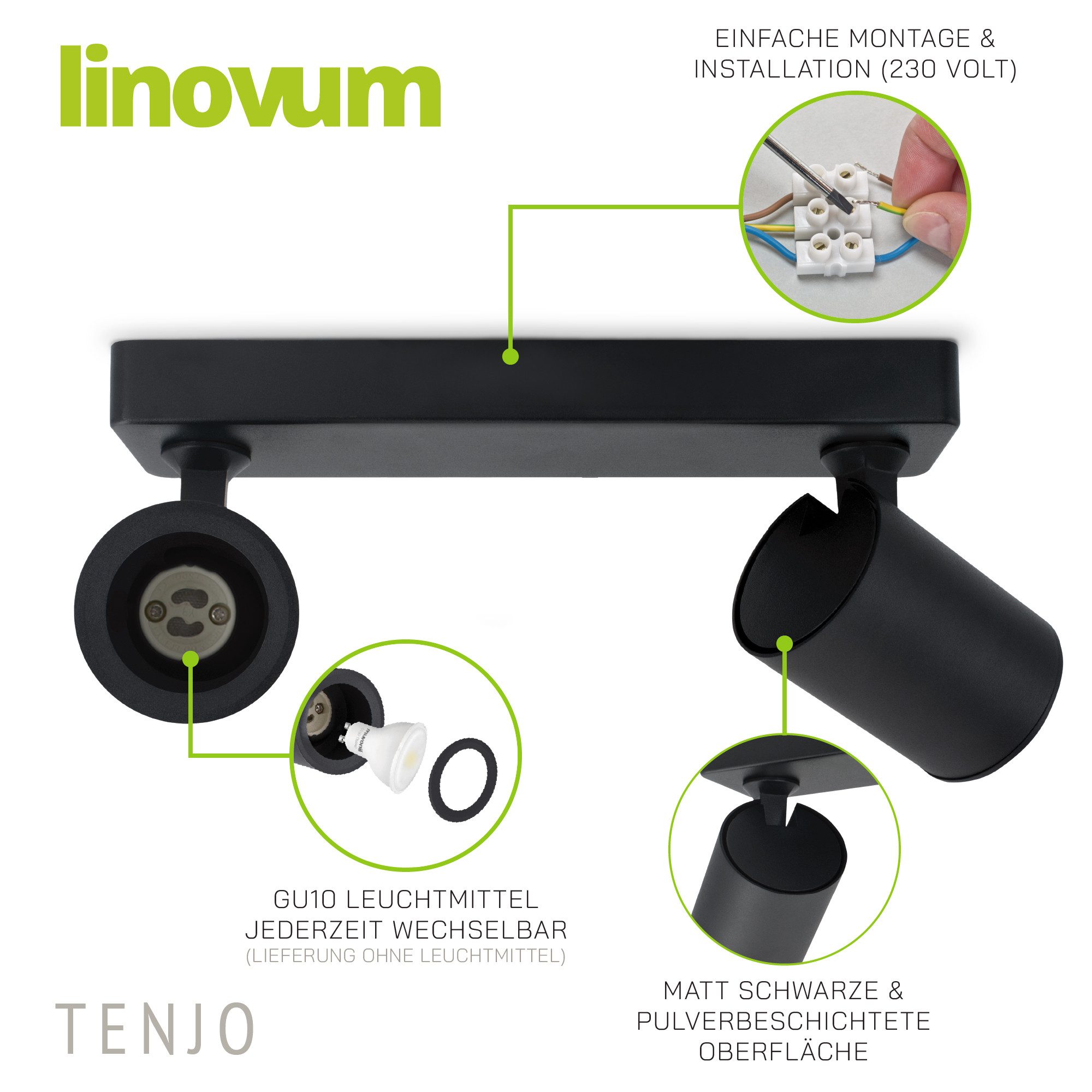 linovum LED Aufbaustrahler TENJO Spotbalken 2-flammig für LED GU10 drehbar schwenkbar Deckenlampe