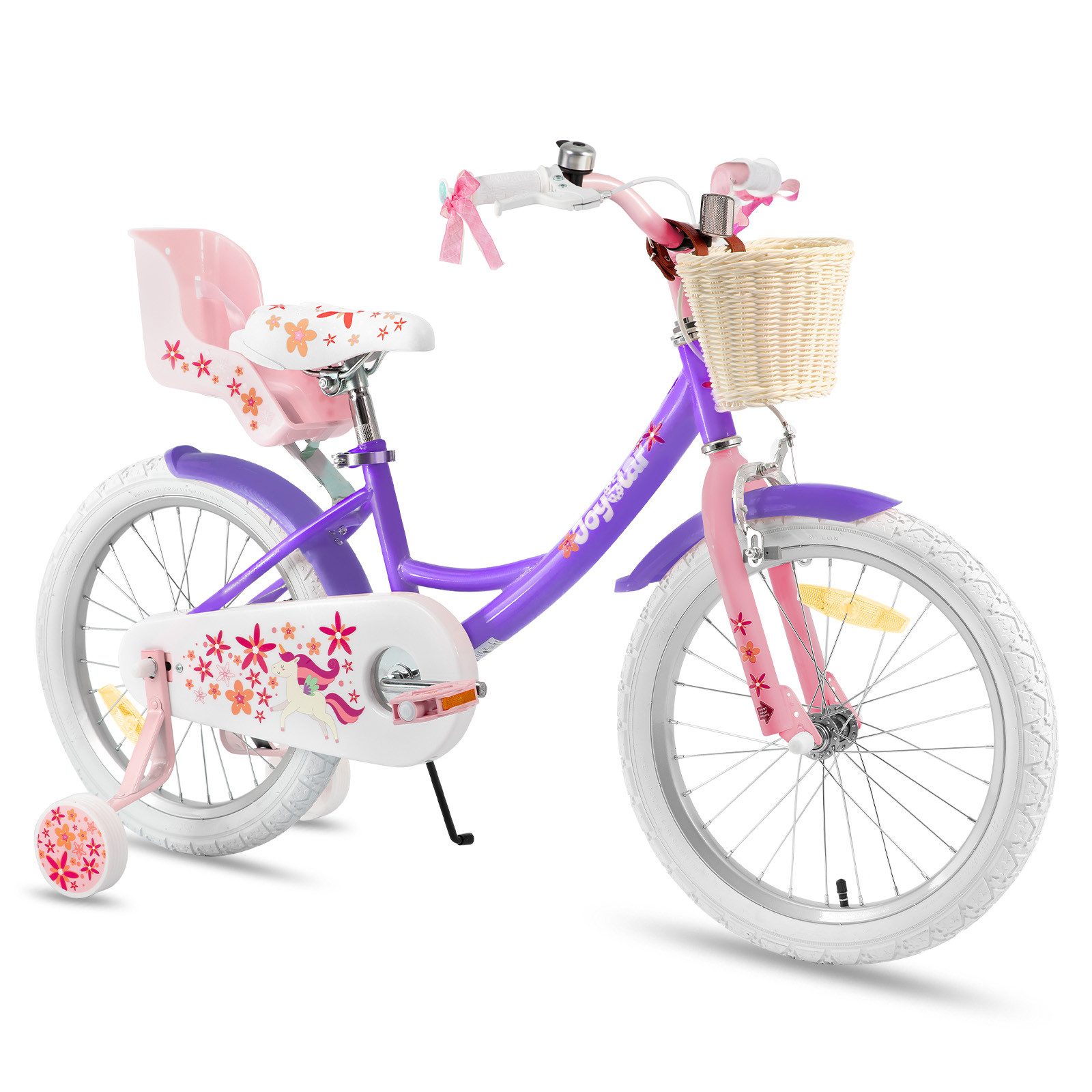 JOYSTAR Kinderfahrrad 12 14 16 18 Zoll Mädchenfahrrad, 2-9 Jahre, Geschenk für Prinzessin, 1 Gang, Puppenradsitz & Stützrädern& Korbstreamer, 18 Zoll mit Stützrädern