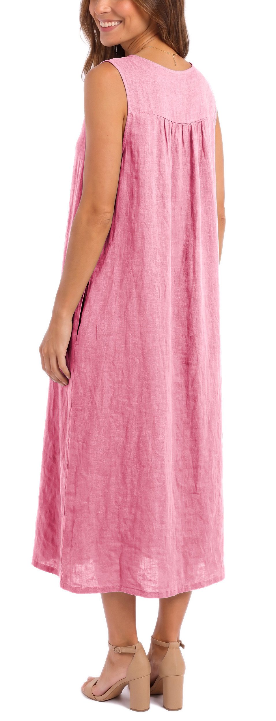 dy_mode Sommerkleid Damen Leinenkleid Luftiges Maxi Sommerkleid Strandkleid Damenkleid in Unifarbe, V-Ausschnitt, mit seitlichen Eingriffstaschen
