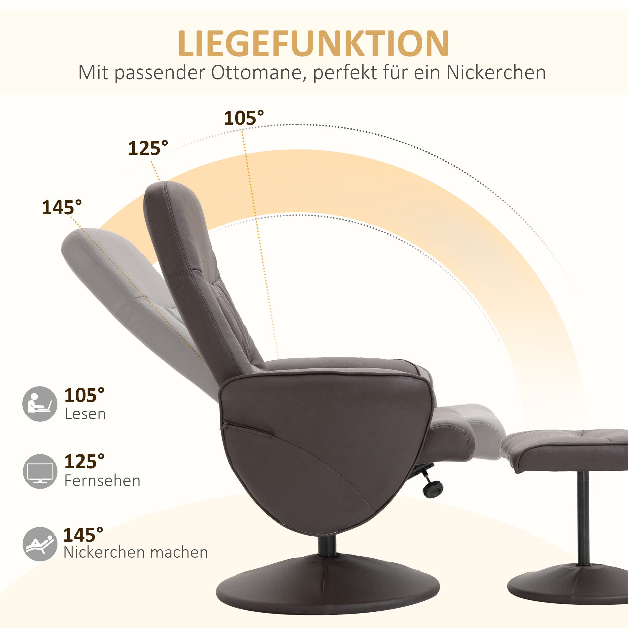 HOMCOM Relaxsessel Fernsehsessel mit Liegefunktion, TV Sessel, Kunstleder (höhenverstellbar, 2-St., neigbare Rückenlehne), Braun – Bild 4 von 5