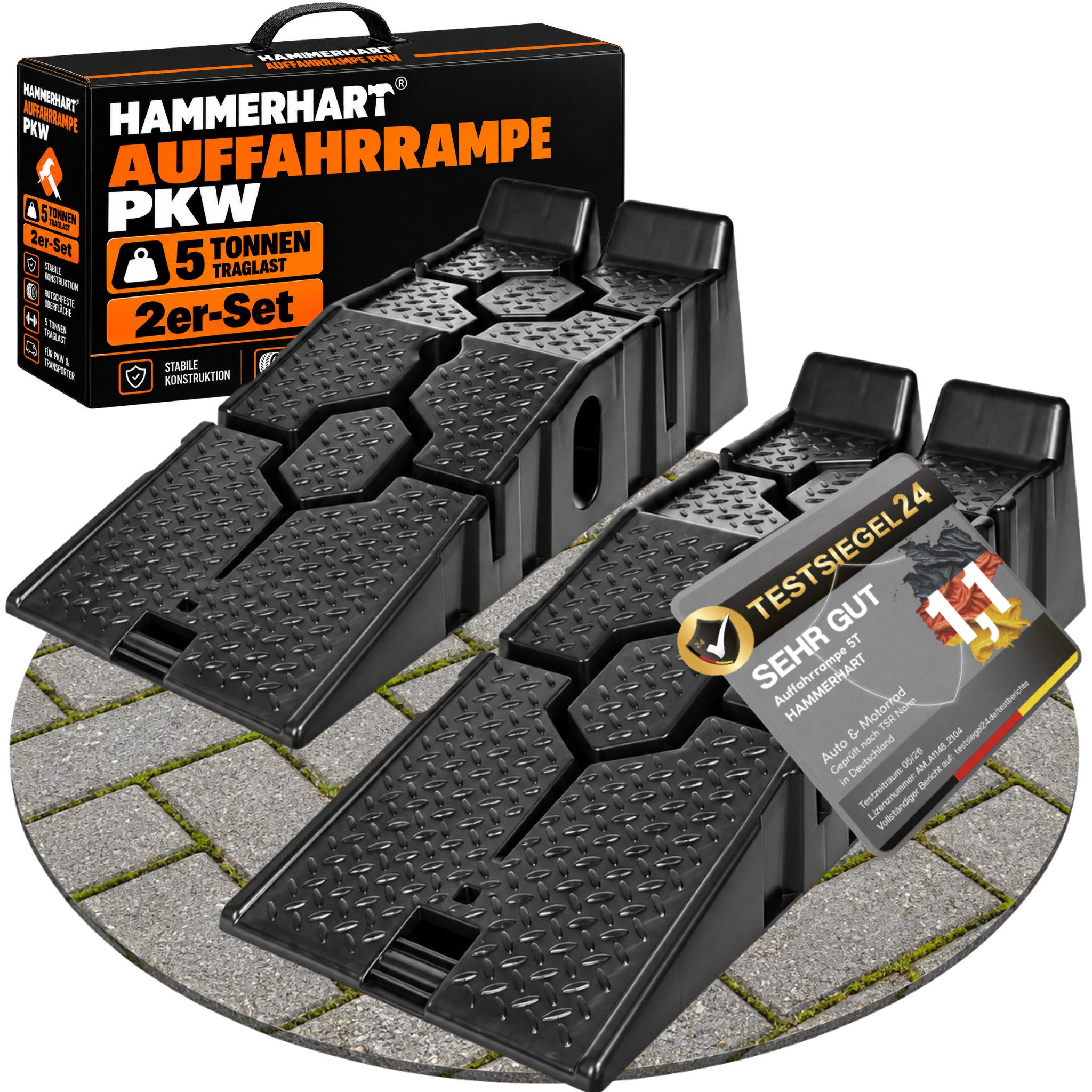 HAMMERHART Auffahrrampe Auffahrrampe PKW 2er Set 5T, PKW & Wohnwagen, Anti-Rutsch (Rampe pkw, Premium Auffahrrampen Set), Hochbelastbare Auffahrrampe für alle PKWs