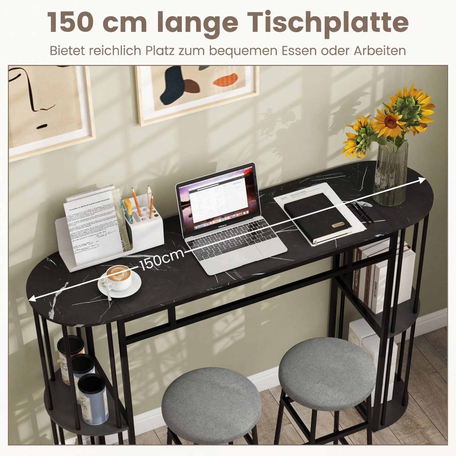 KOMFOTTEU Bartisch, schmaler Küchentheke mit 4 halbrunde Regale & Metallrahmen
