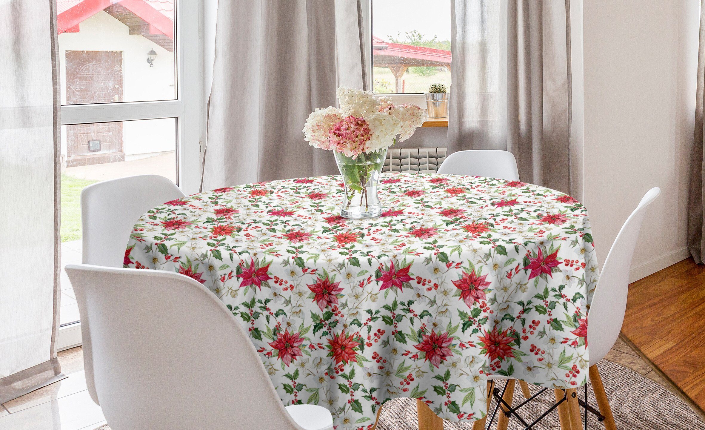 Abakuhaus Tischdecke Kreis Tischdecke Abdeckung für Esszimmer Blumen Küche Blumen Knospen Weihnachten Dekoration