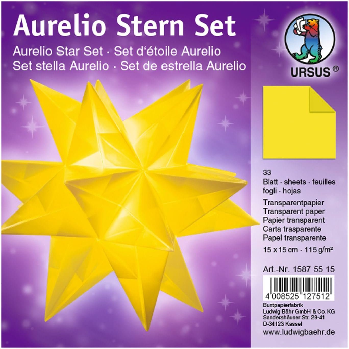 Papiersterne URSUS Faltblätter Aurelio Stern, gelb, 150 x 150 mm
