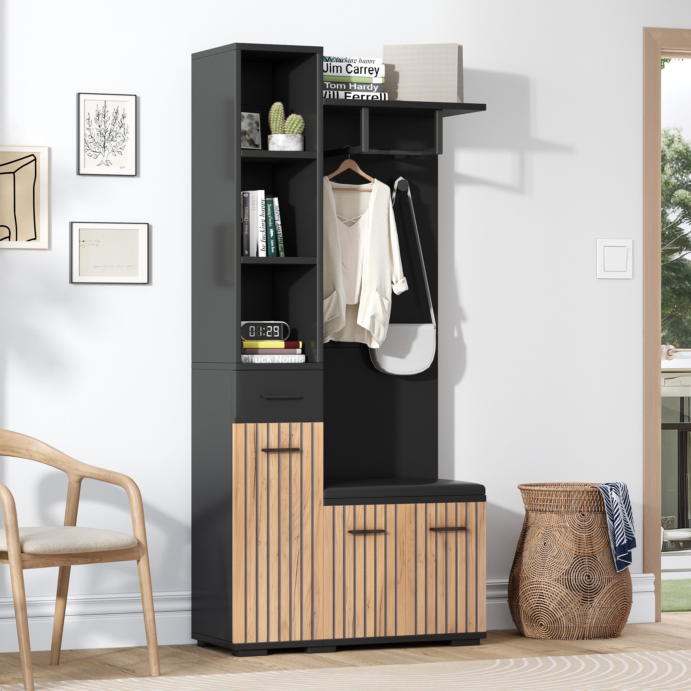 Merax Garderoben-Set 7-in-1 Kompaktgarderobe Flurmöbel in Schwarz-Holz, (Garderobenkombination Möbelset, 1-St., 80x35x175 cm), Sitzbank Schränken Schublade Abla – Bild 4 von 5