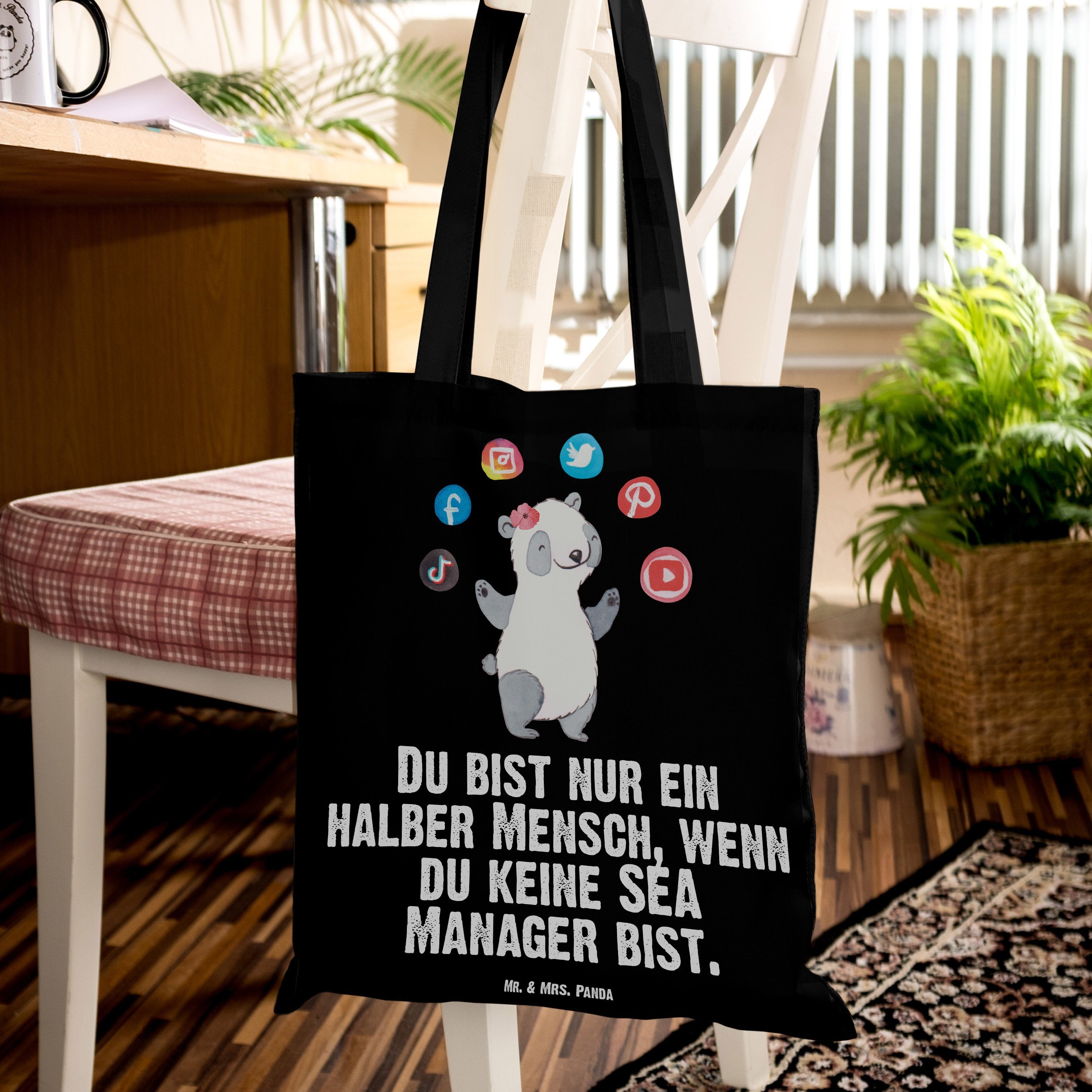 Einkaufstasche, - Panda - & Manager Schwarz Herz mit (1-tlg) Mrs. Tragetasche SEA Jubiläum, Mr. Geschenk,