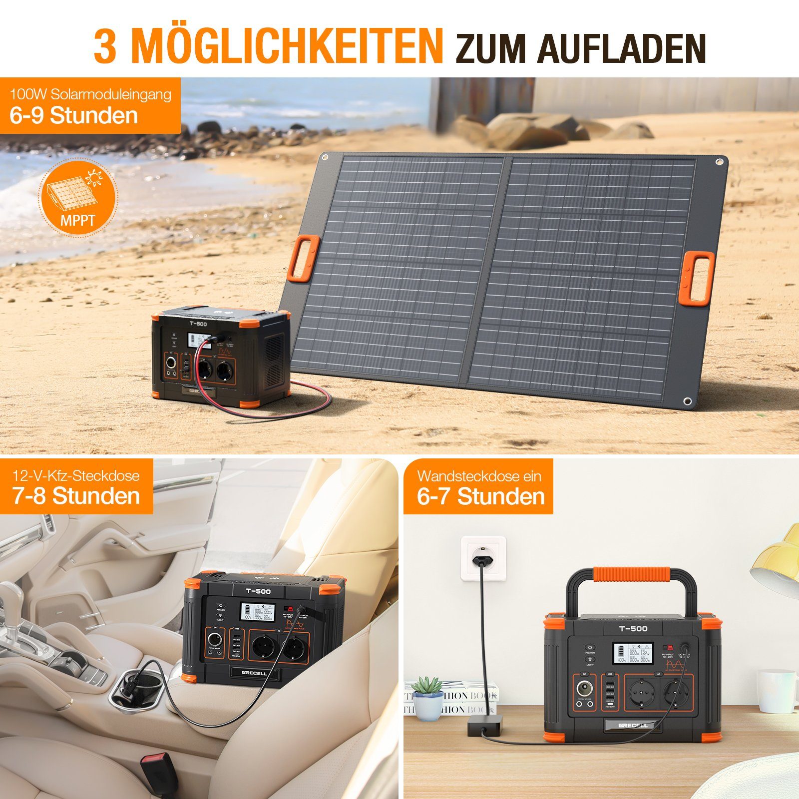 GRECELL Tragbare Camping, 0,50 Generator Outdoor Powerstation,Solar für kW, 500W Stromerzeuger in (1-tlg)