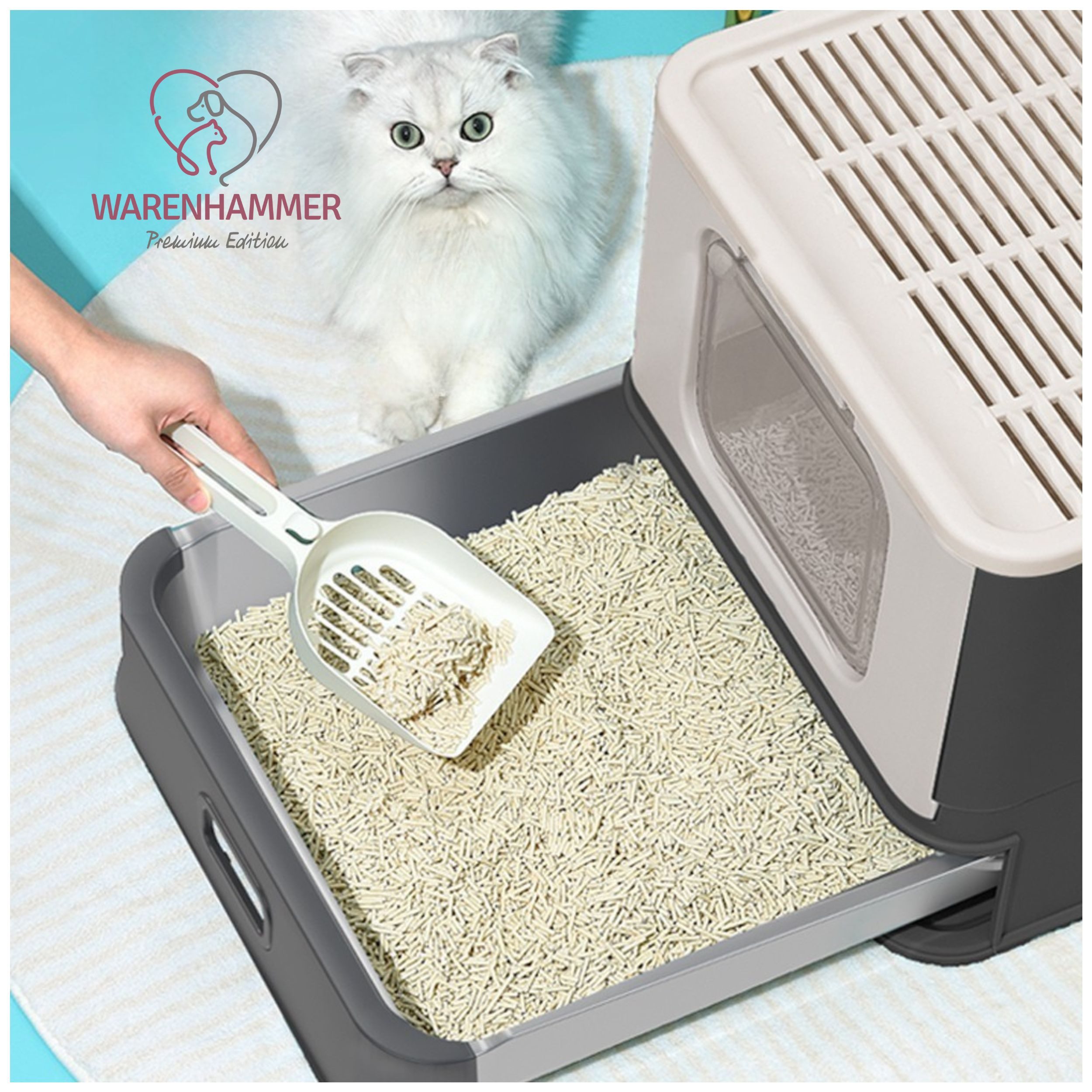 Warenhammer Katzentoilette Edelstahl - Katzenklo Premium pflegeleichtes Katzenklo mit Schublade, Abmessungen : 54,3 x 42,3 x 38 cm