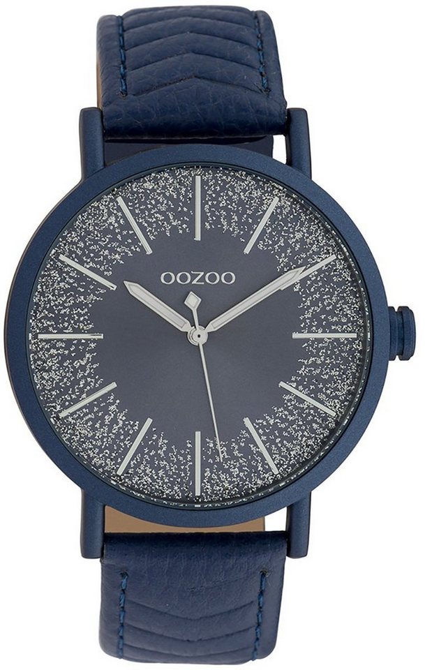 OOZOO Quarzuhr Oozoo Damen-Uhr dunkelblau, Damenuhr rund, groß (ca. 42mm),  Lederarmband dunkelblau, Fashion, silberne Zeiger und Indizes