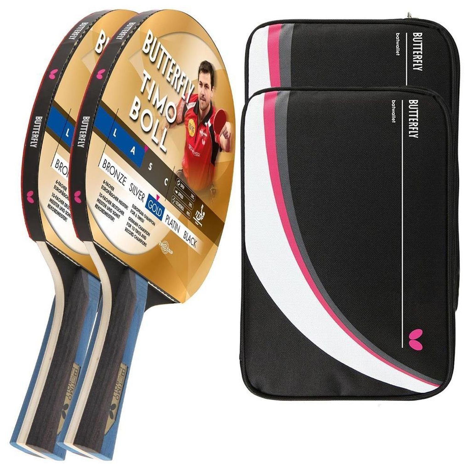 Butterfly Tischtennisschläger 2x Timo Boll Gold 85021 + 2x Drive Case 2, Tischtennis Schläger Set Tischtennisset Table Tennis Bat Racket