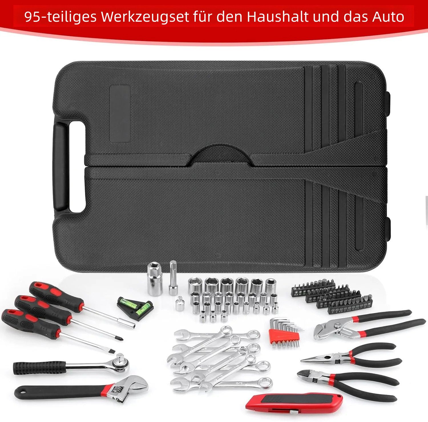 TLGREEN Werkzeugset 95-tlg Werkzeugkoffer,Steckschlüsselsatz, (Werkzeugset in Stabilem Kunststoffkoffer), Werkzeugsatz für Haushalt, Auto, DIY Reparatur
