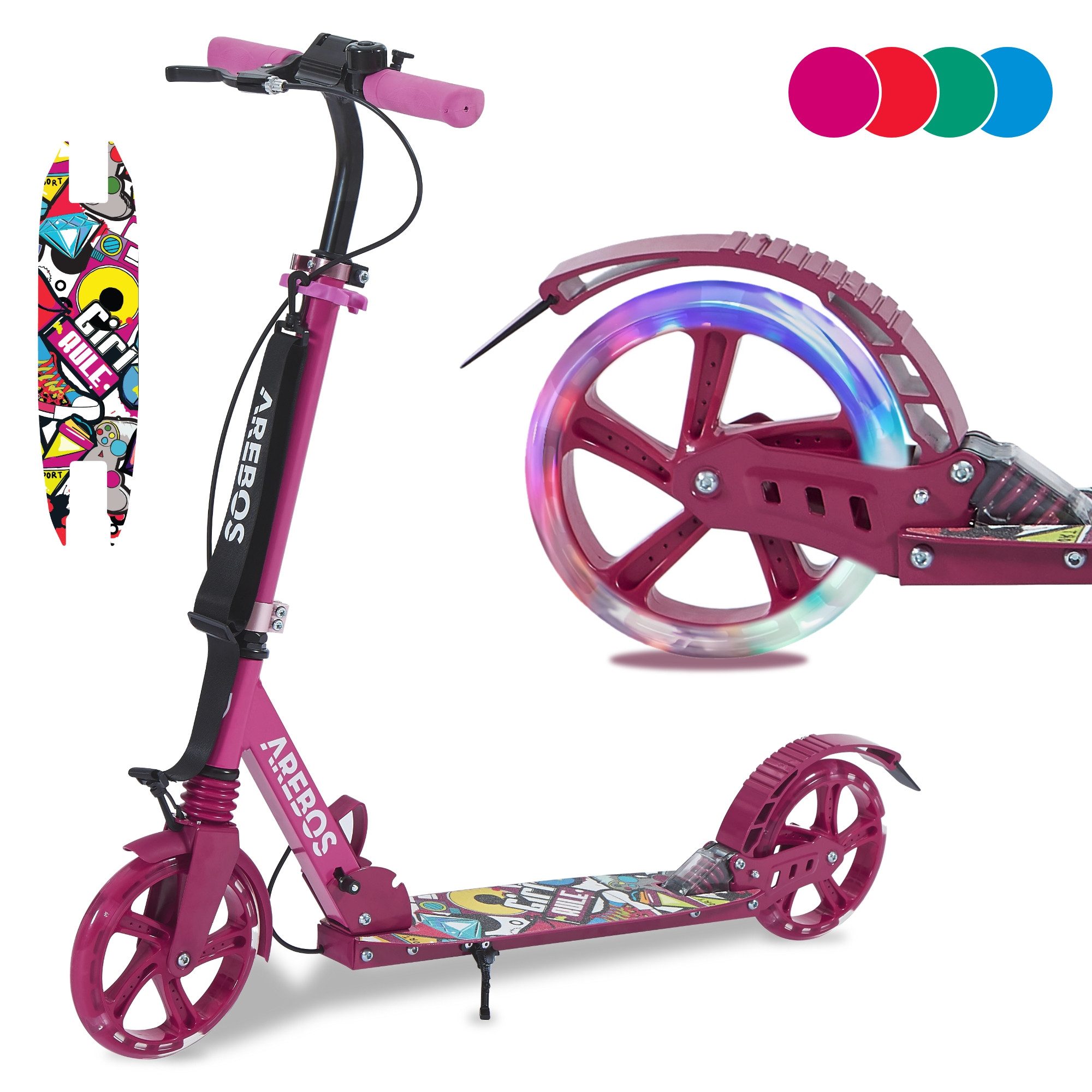 Arebos Tretroller Cityroller Tretroller mit LED Reifen, höhenverstellbar, klappbar, inkl. Klingel, Hand und Tritt-Bremse