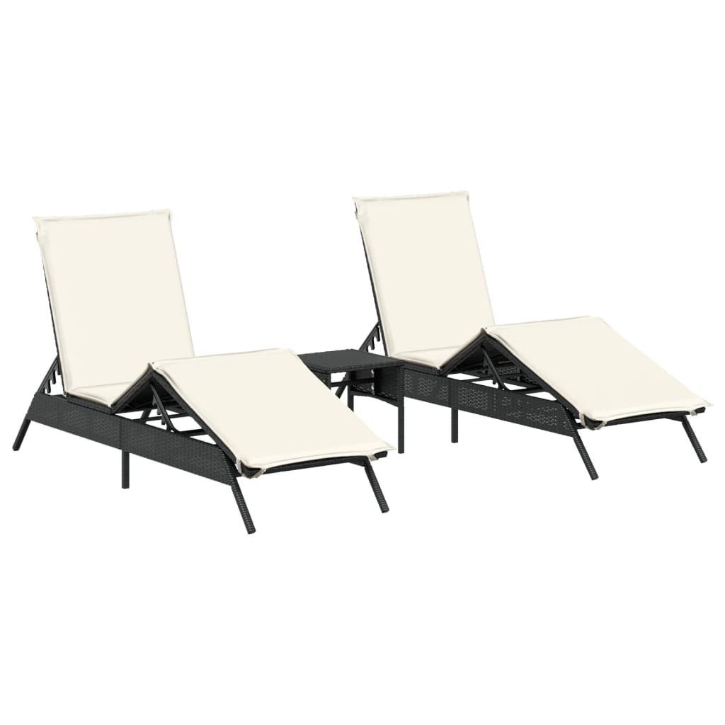Gartenliege Sonnenliegen 2 Stk. mit Tisch Schwarz Poly Rattan