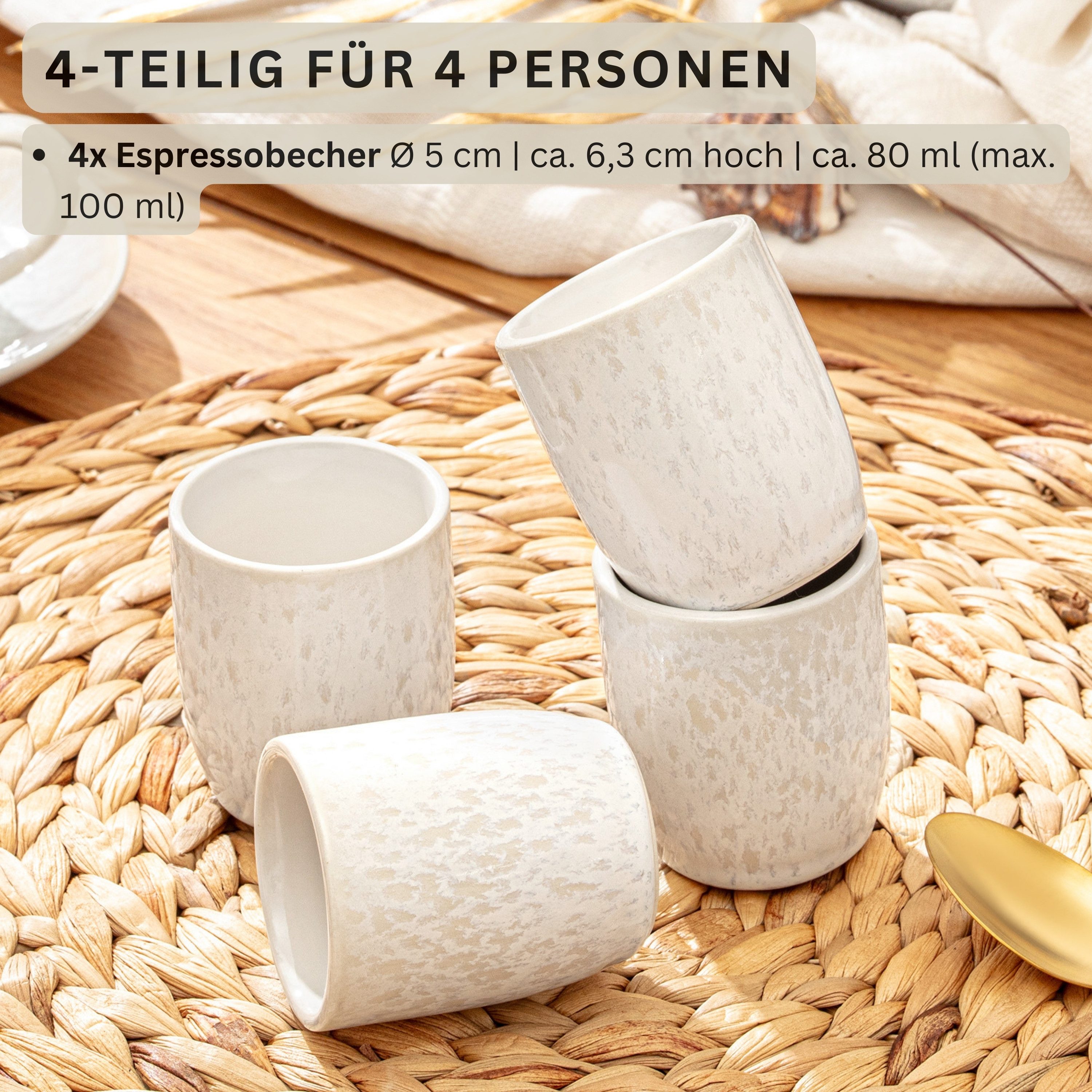 SÄNGER Becher Korfu Kaffeebecher Set (4-teilig), 4-tlg., Steingut, Creme Farben mit sandiger Maserung, Handmade, Premium Collection