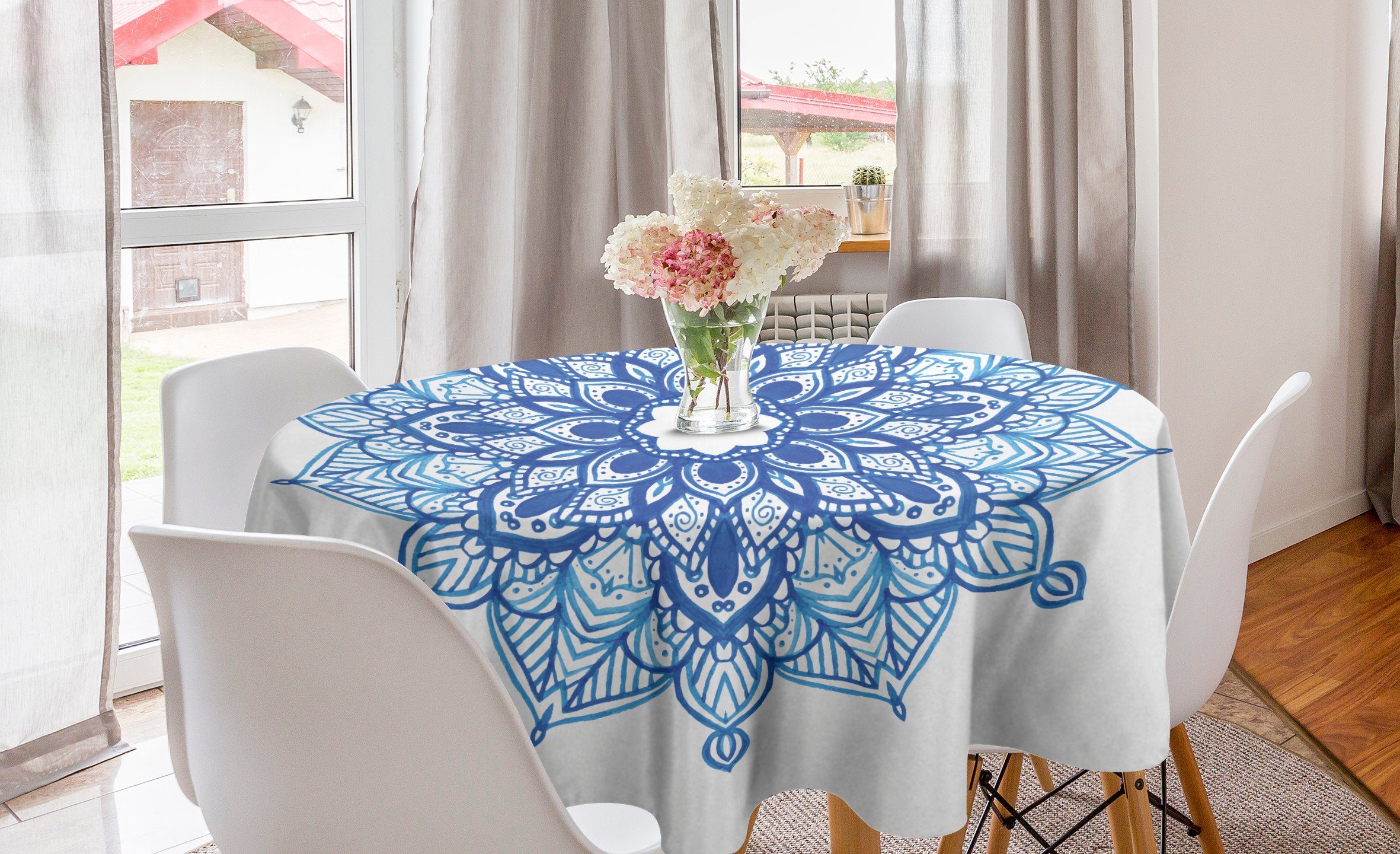 Abakuhaus Tischdecke Kreis Tischdecke Abdeckung für Esszimmer Küche Dekoration, Blauer Mandala Ethnische Ornament Blume
