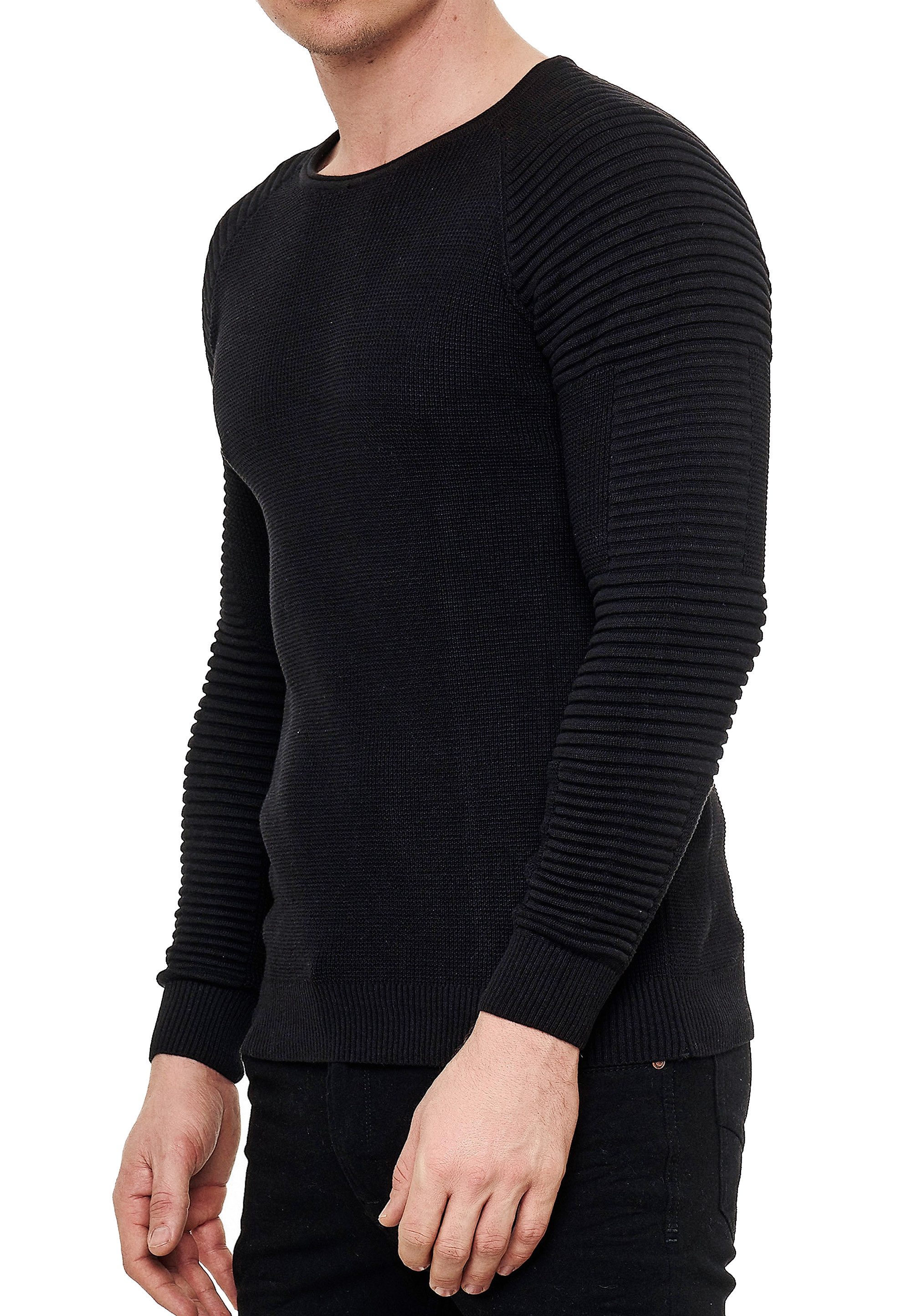 R-NEAL Rundhalspullover Fein-Strick Slim-Fit Biker Strick-Pullover Gerippter Langarm-Pullover