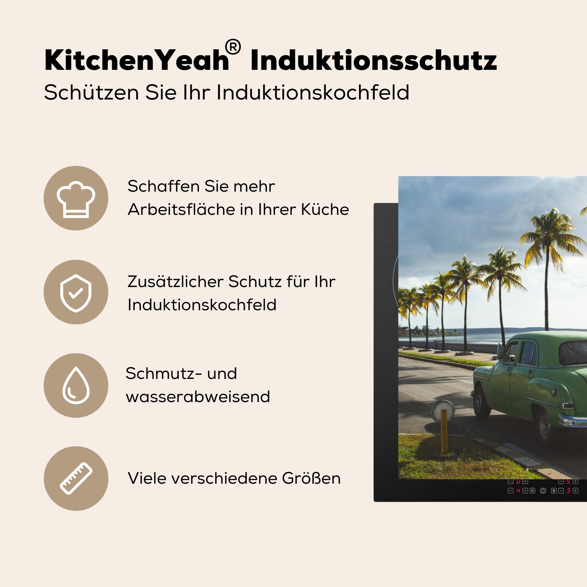 für tlg), Auto, Palme Arbeitsplatte Kuba (1 - küche MuchoWow Ceranfeldabdeckung, - 78x78 Herdblende-/Abdeckplatte cm, Vinyl,