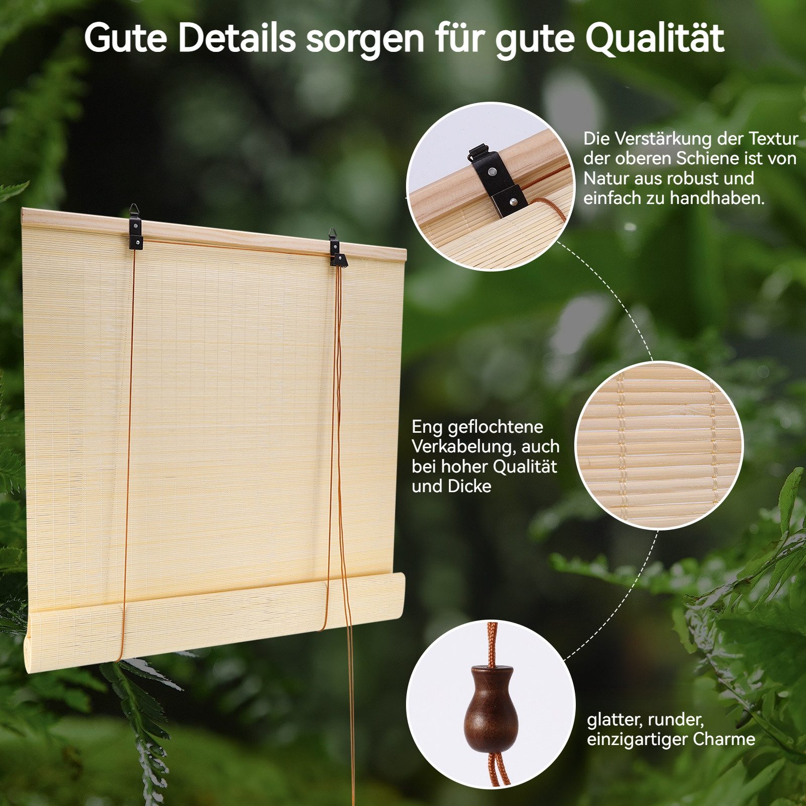 Seitenzugrollo Bambus Raffrollo Sonnenschutz Sichtschutz Rollo, für Fenster und Türen, BlingBin, verdunkelnd, Haken, Frei hängend, Können mit Haken befestigt werden, Er kann als Fensterabdeckung, Sichtschutzrollo, Sonnenrollo
