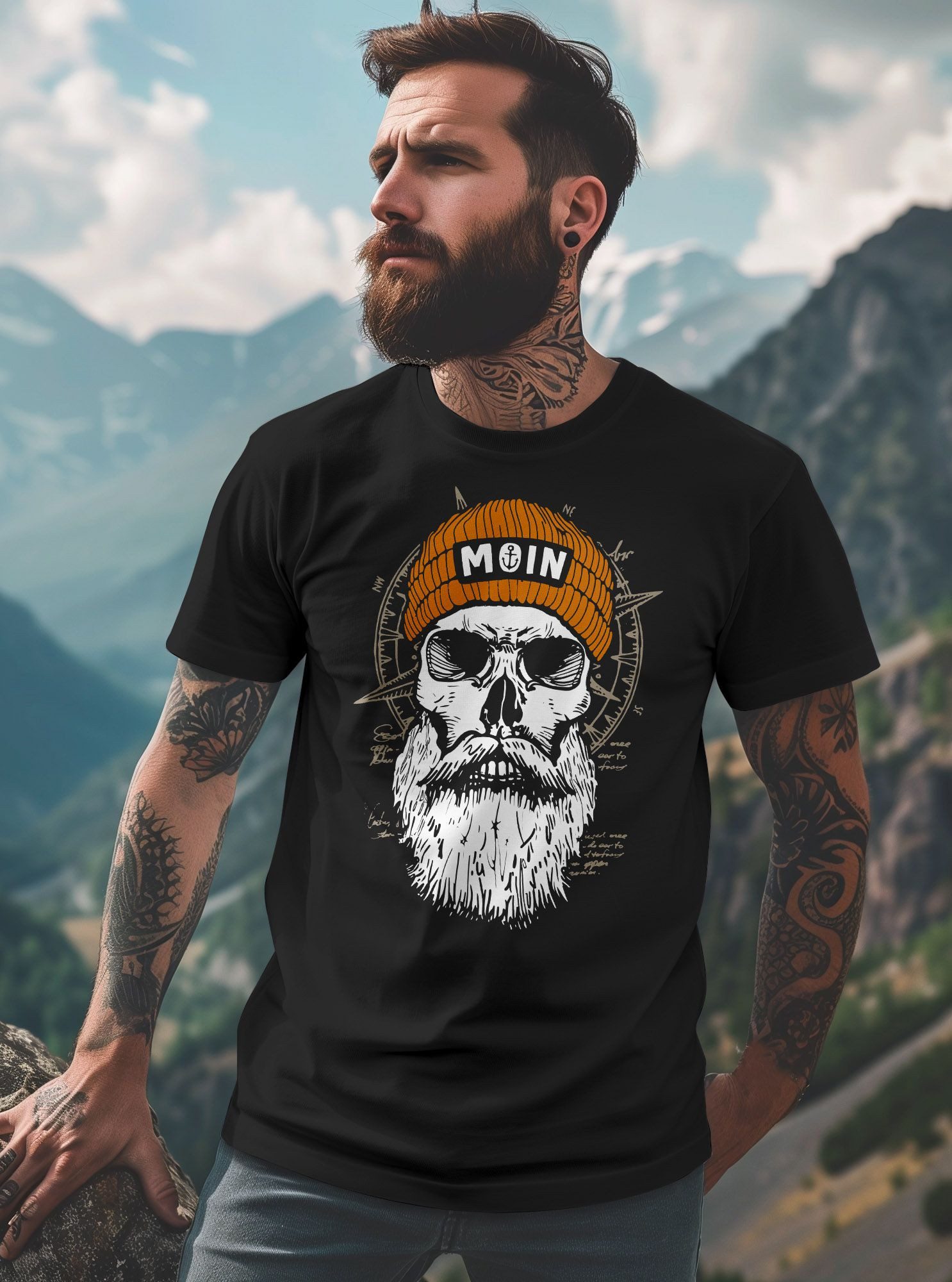 Neverless Print-Shirt Herren T-Shirt Printshirt Moin Skull Windrose Kompass Totenkopf mit Print