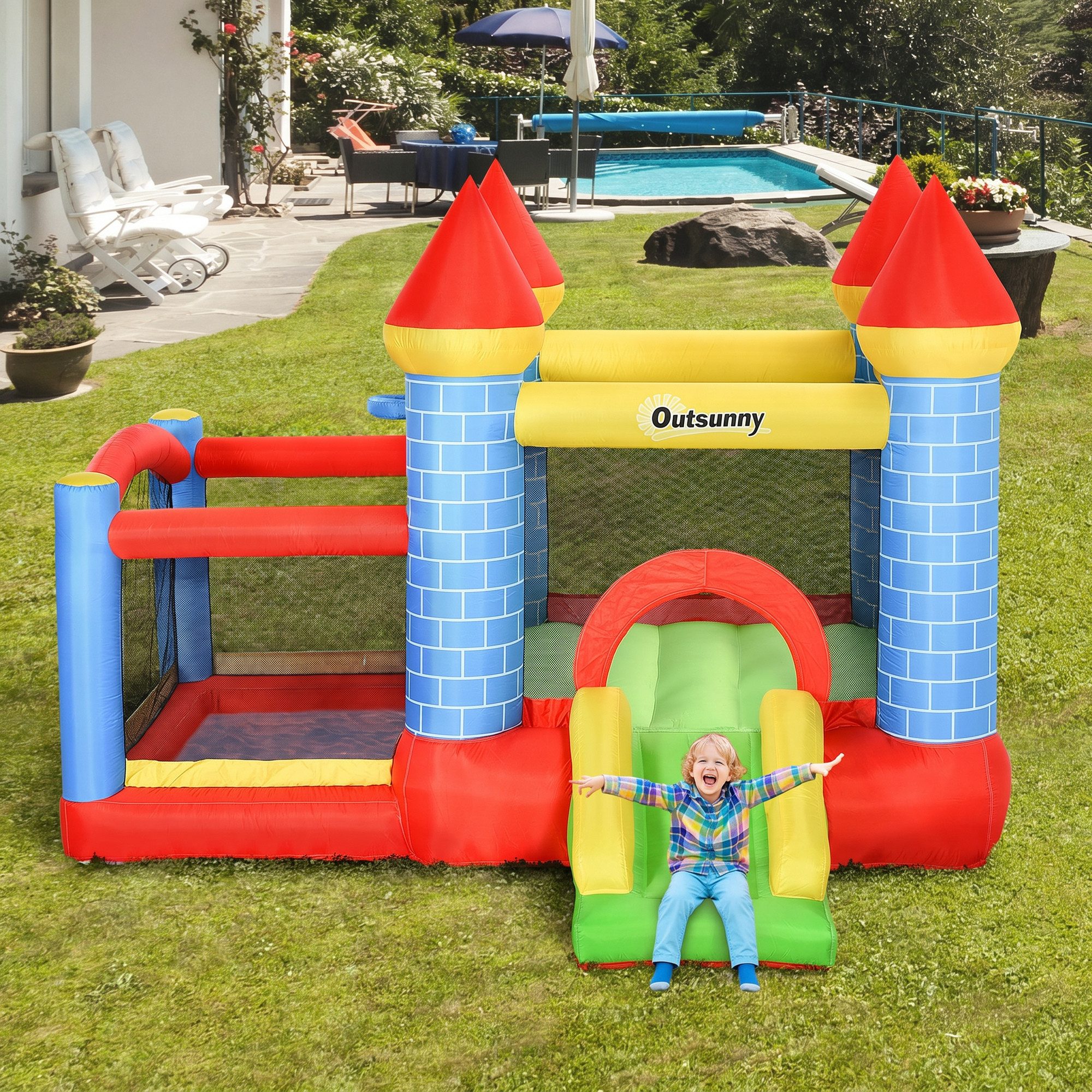 Outsunny Hüpfburg Aufblasbare Kinderhüpfburg mit Gebläse, Rutsche, 280x260x210cm, (Spielburg, 1-tlg., Springburg), für Außenbereich, Rot+Blau+Grün
