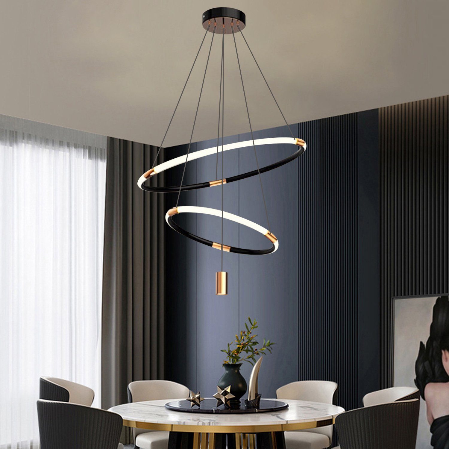 Vicbuy Pendelleuchte, LED Pendelleuchten, Esszimmer Pendellampe, Kreative 2 Ringe mit Strahler Deckenleuchte,Stufenlos dimmbare Wohnzimmerdeckenlampe, Mit Fernbedienung, 3 Lichtfarben, Küche,Schlafzimmer, ø 35/55cm