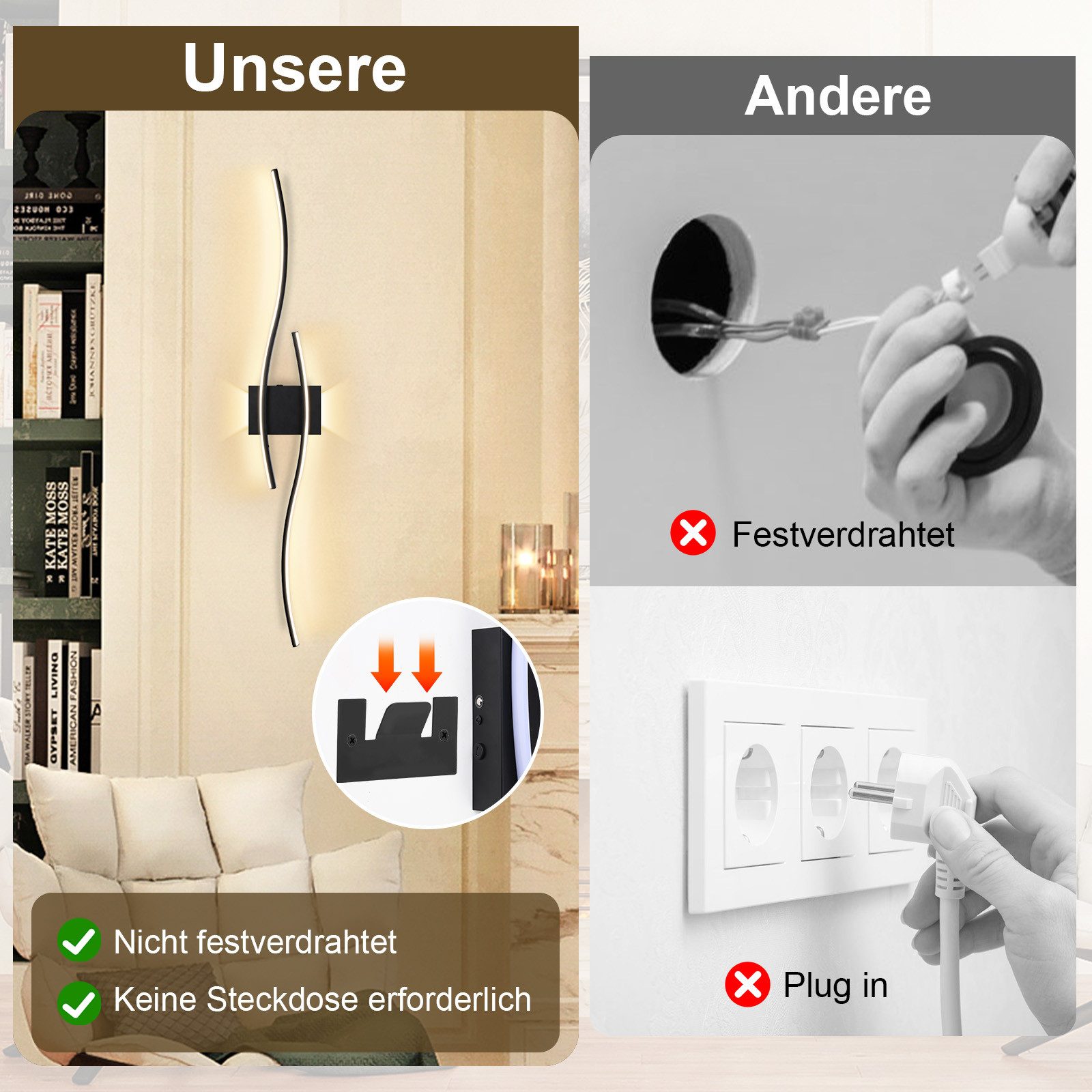 Jibenhome Wandleuchte LED Wandleuchte Innen Wandlampe Wandbeleuchtung,Minimalistische, LED fest integriert, Batteriebetrieben&USB Aufladung,Fernbedienung&Touch-Steuerung,Timer
