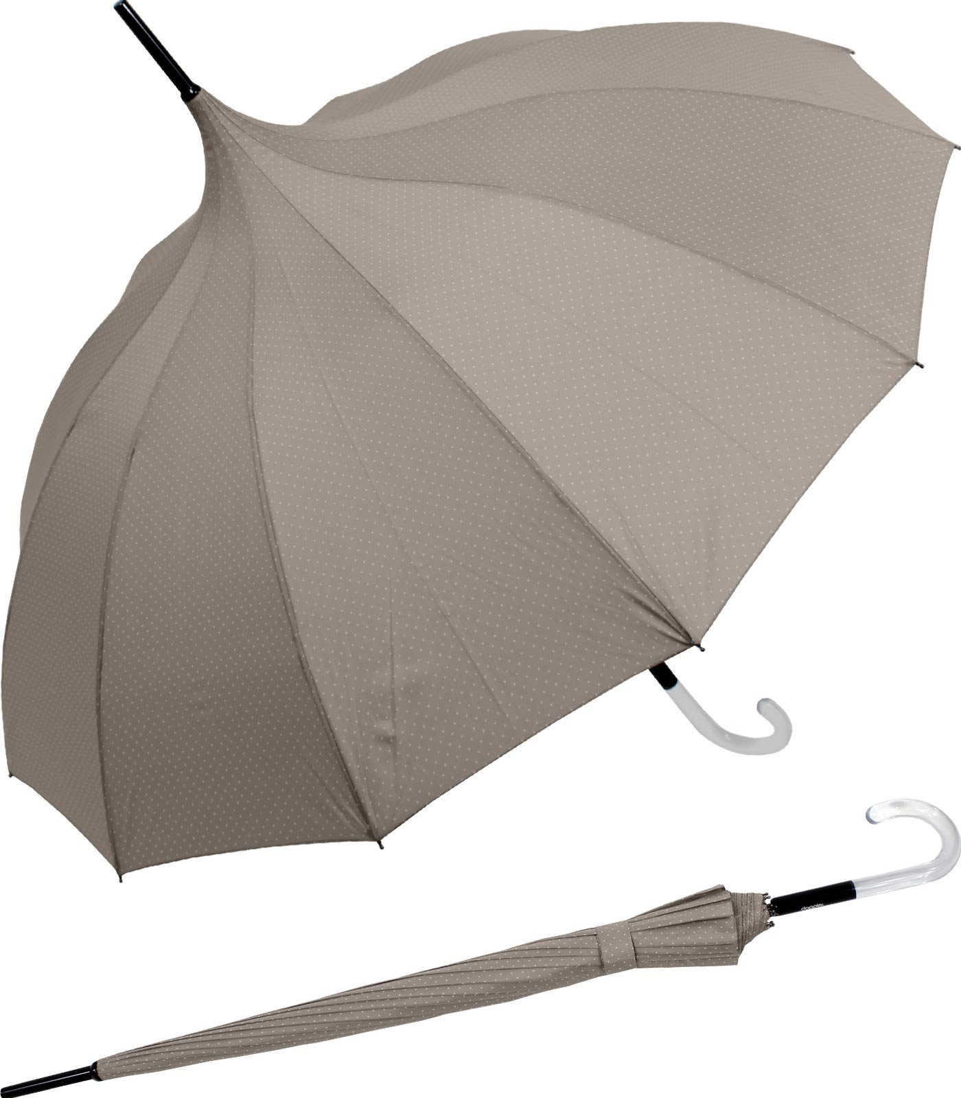 doppler® Langregenschirm auffällig geformter Damenschirm mit Auf-Automatik, elegante Pagodenform mit dezenten Punkten beige