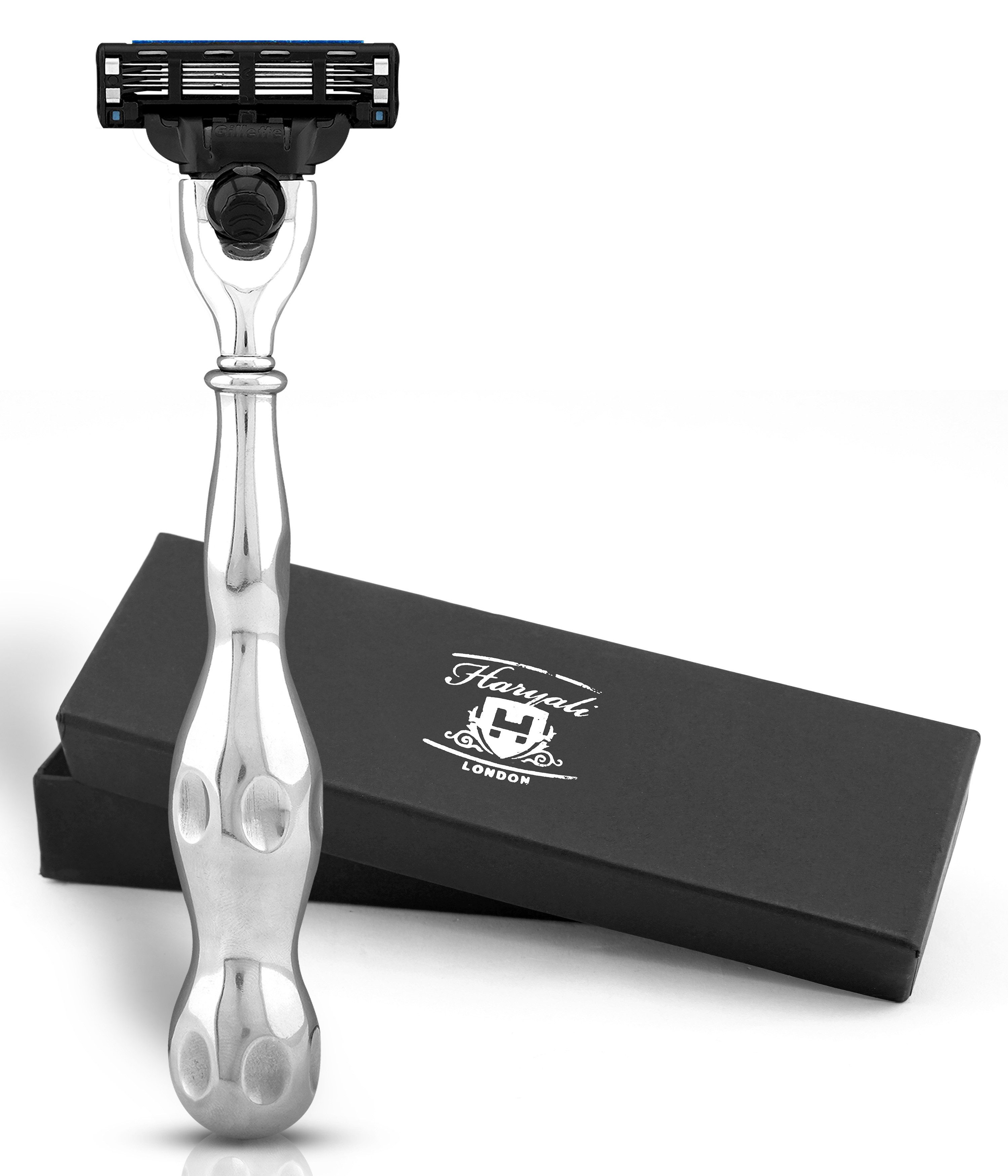 Haryali London Nassrasierer 3-Klingen-Rasierer für Unisex, Edelstahl, ergonomischer Griff, Pack, Abnehmbarer Systemrasierer mit Edelstahlgriff, Abwaschbarer, rutschfester Griff. Passt auf alle Mach 3-Rasierer.