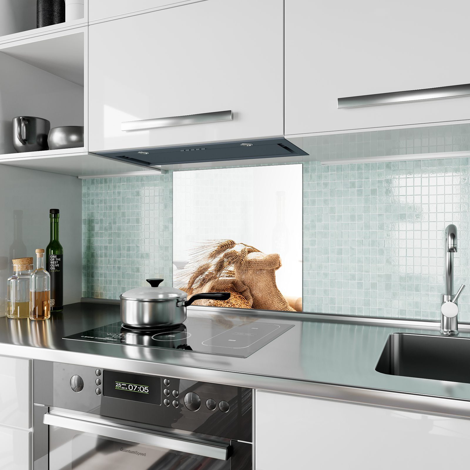 in Küchenrückwand Motiv Primedeco Leinensack mit Küchenrückwand Haferflocken Glas Spritzschutz