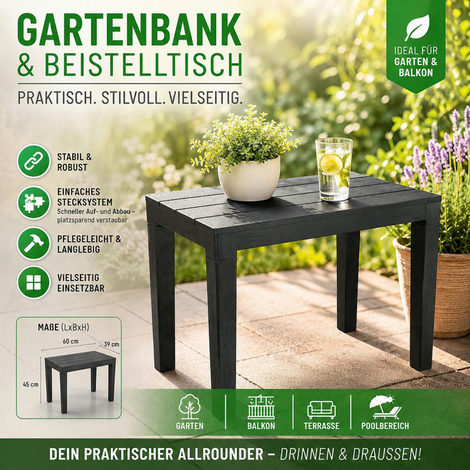 Gartentisch Beistelltisch Bank Kunststoff 60x40cm bis 90 Kg Anthrazit Holzoptik